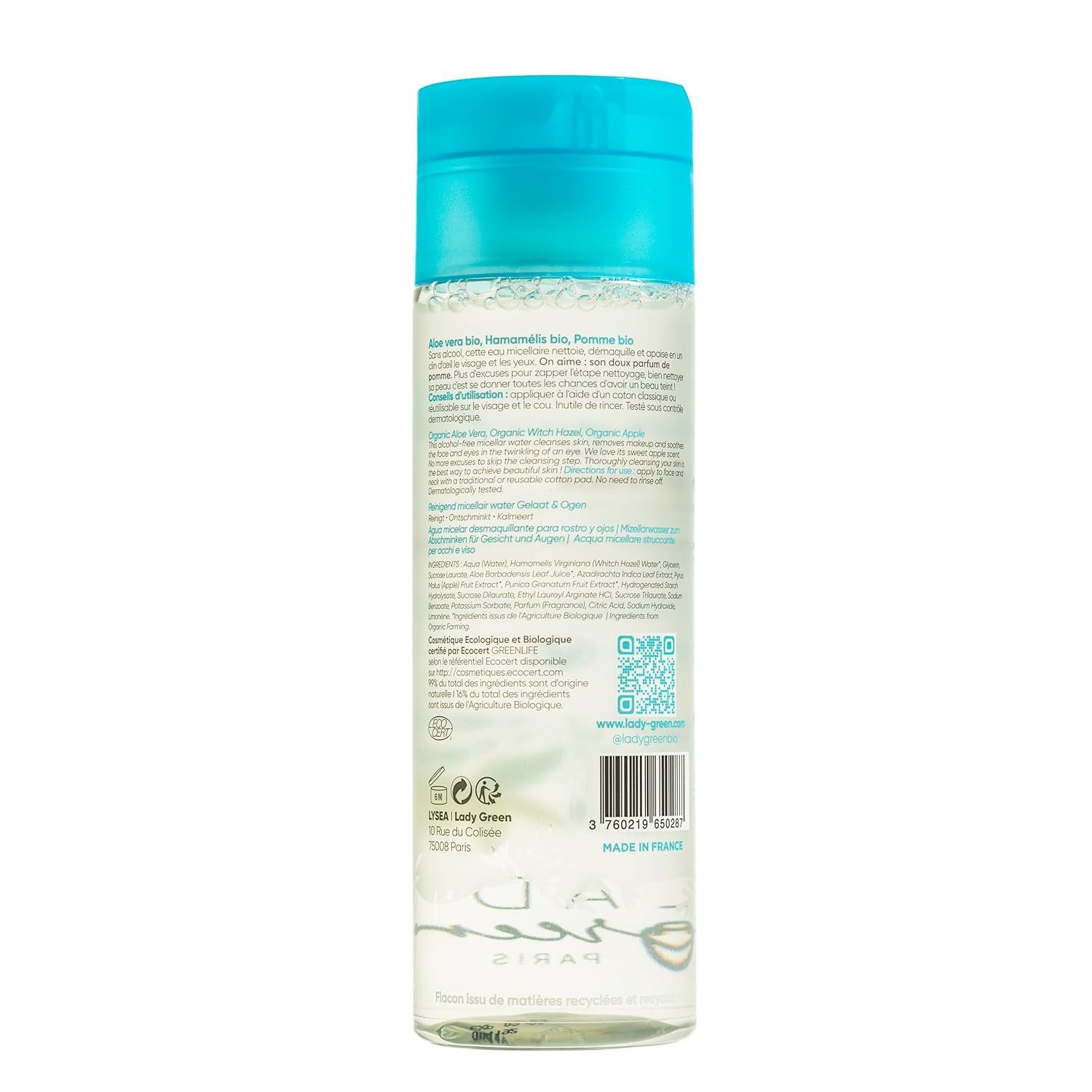LADY GREEN PARIS Gesichtspflege Mizellenwasser zum Abschminken von Gesicht und Augen, Alkohol-Freies Mizellenwasser mit Bio-Aloe Vera, Zaubernuss & Apfel