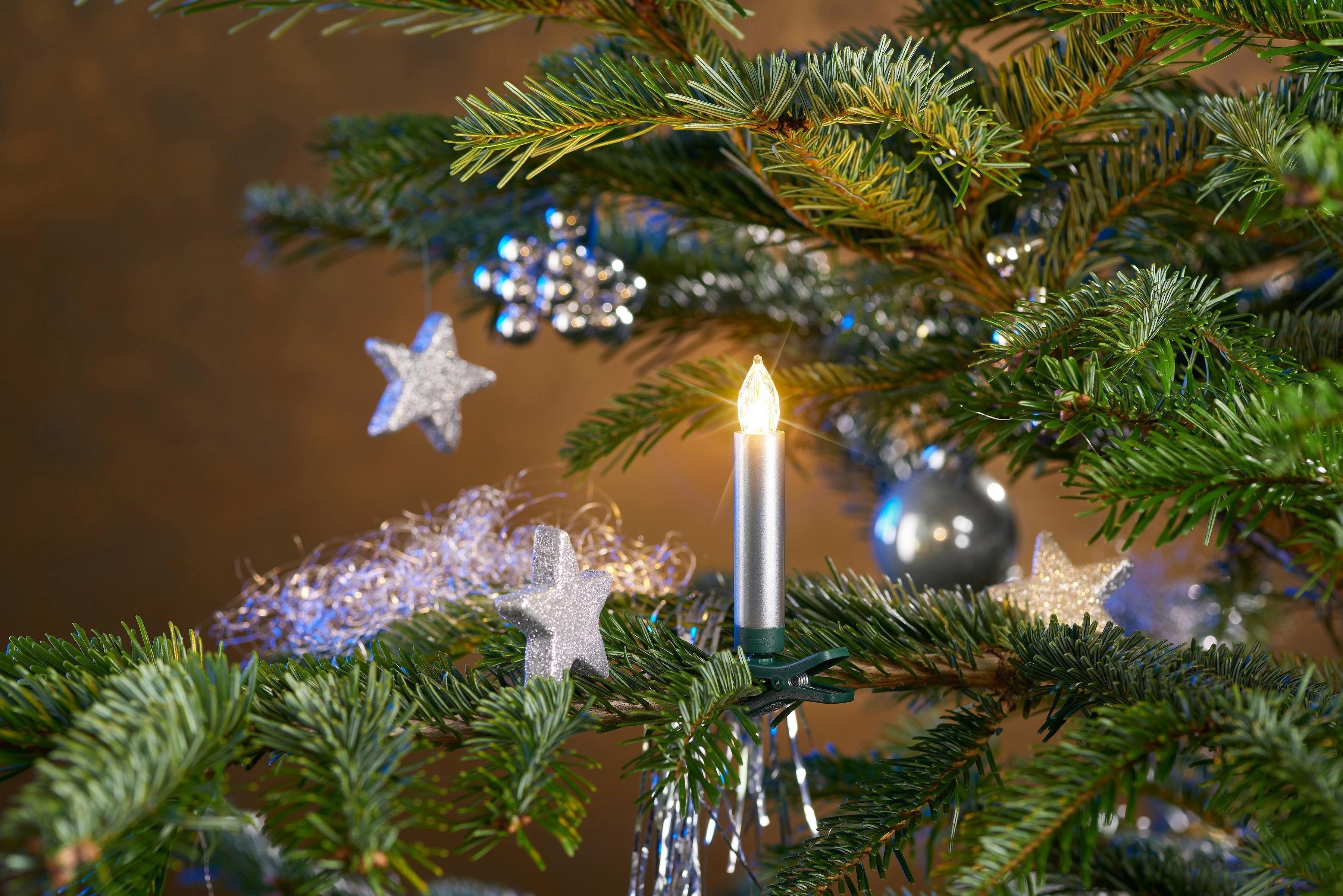 25 Christbaumschmuck, kabellos, Weihnachtsdeko LED-Christbaumkerzen plus Kerzen BONETTI Zubehör silberfarben aussen,
