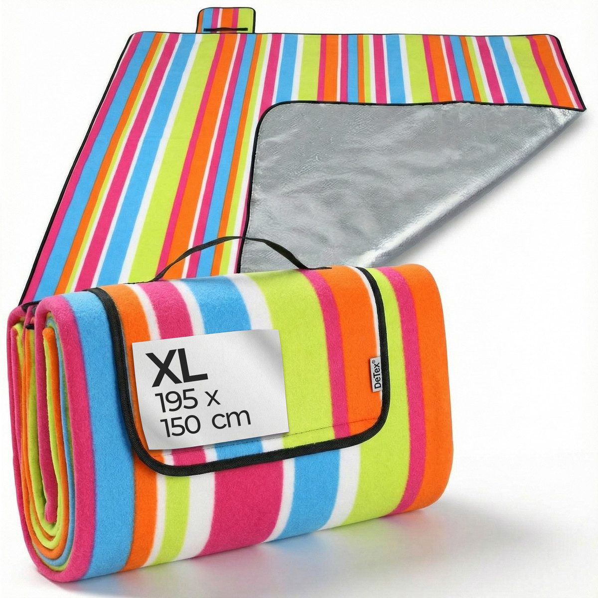 Picknickdecke, Detex, XL 195x150 cm Wasserdicht Wärmeisoliert 2-4 Personen Bunt