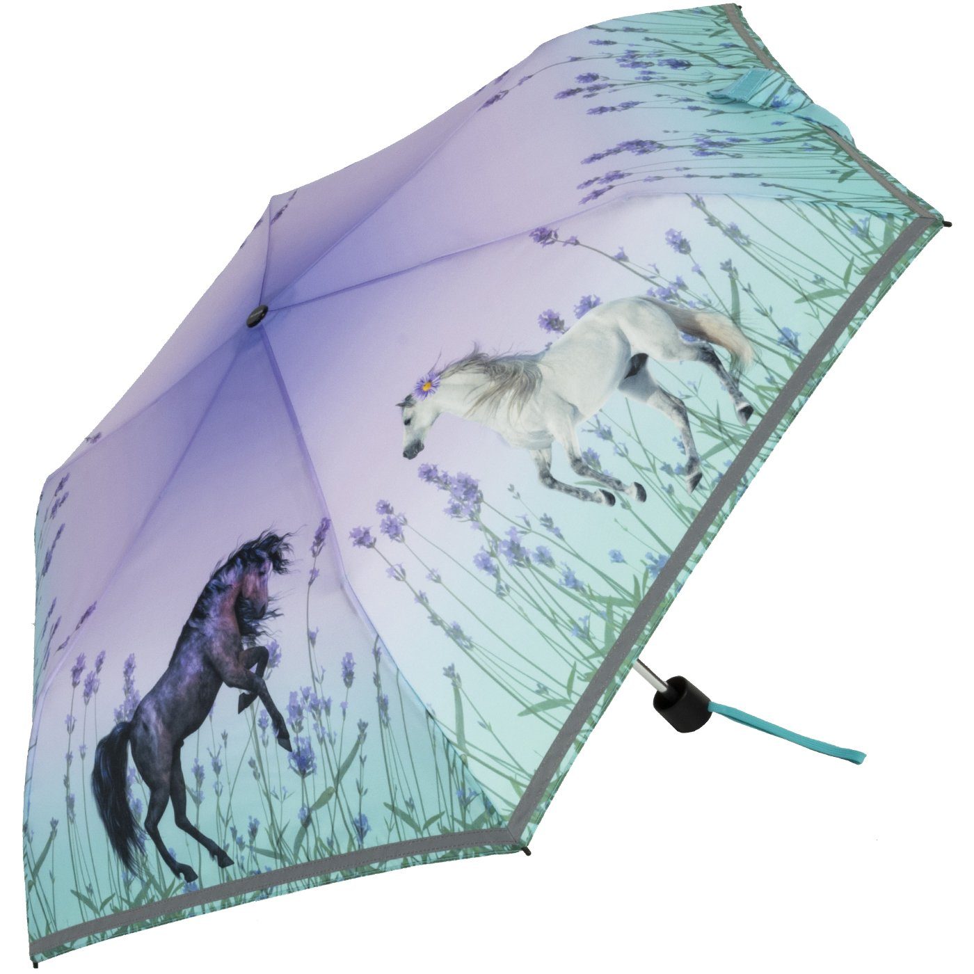 Taschenregenschirm Horses mit Wild Knirps® Kinderschirm 4Kids dem Schulweg, Pferde, reflective auf Reflexborte, Sicherheit