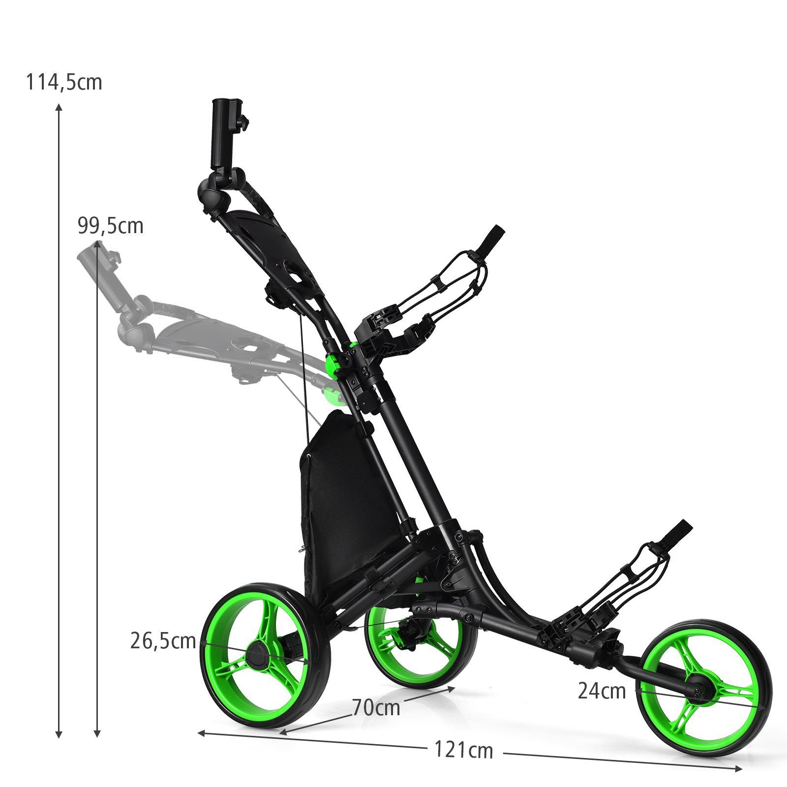 Golftrolley mit Griff, Tasche verstellbarem 3-Rad, grün COSTWAY