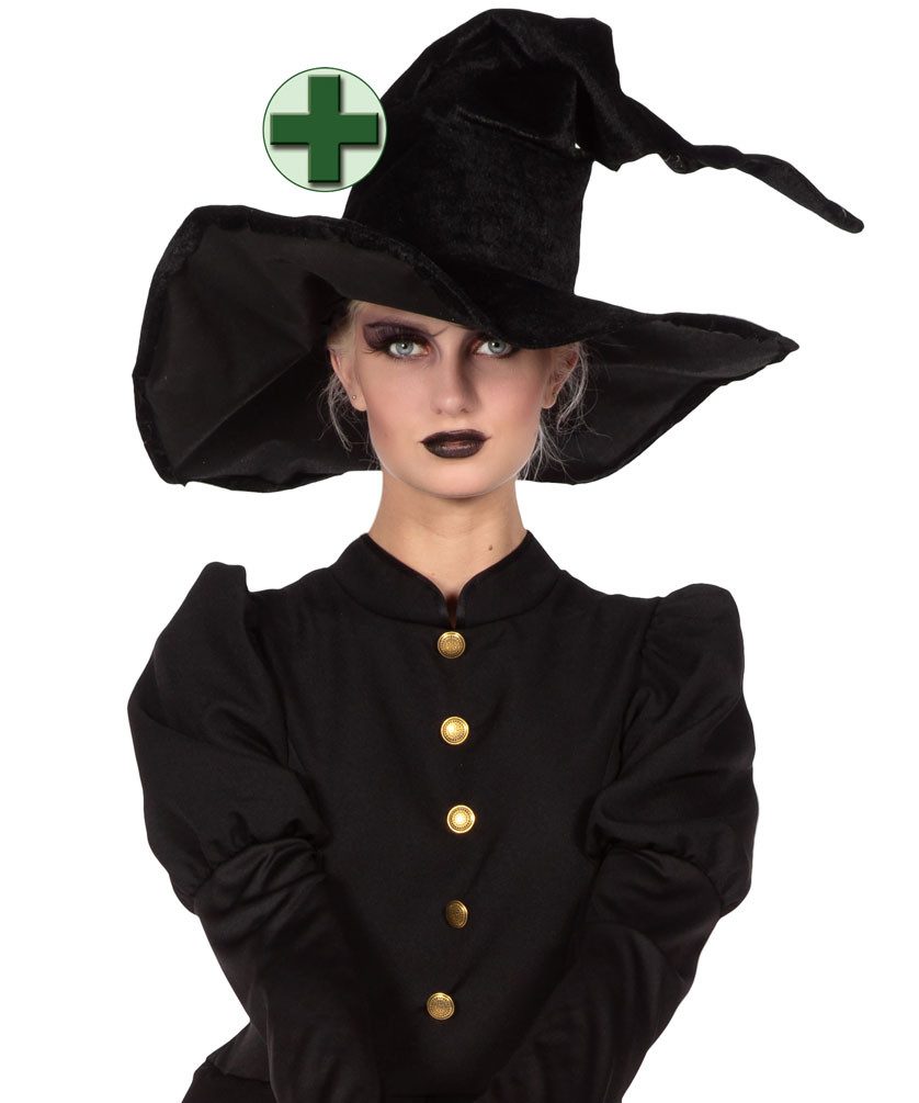 Karneval-Klamotten Hexen-Kostüm Damen klassisches lang schwarz mit Hexenhut, Halloweenkostüm Frauenkostüm schwarze Hexe lang Hexenkleid hochwertig