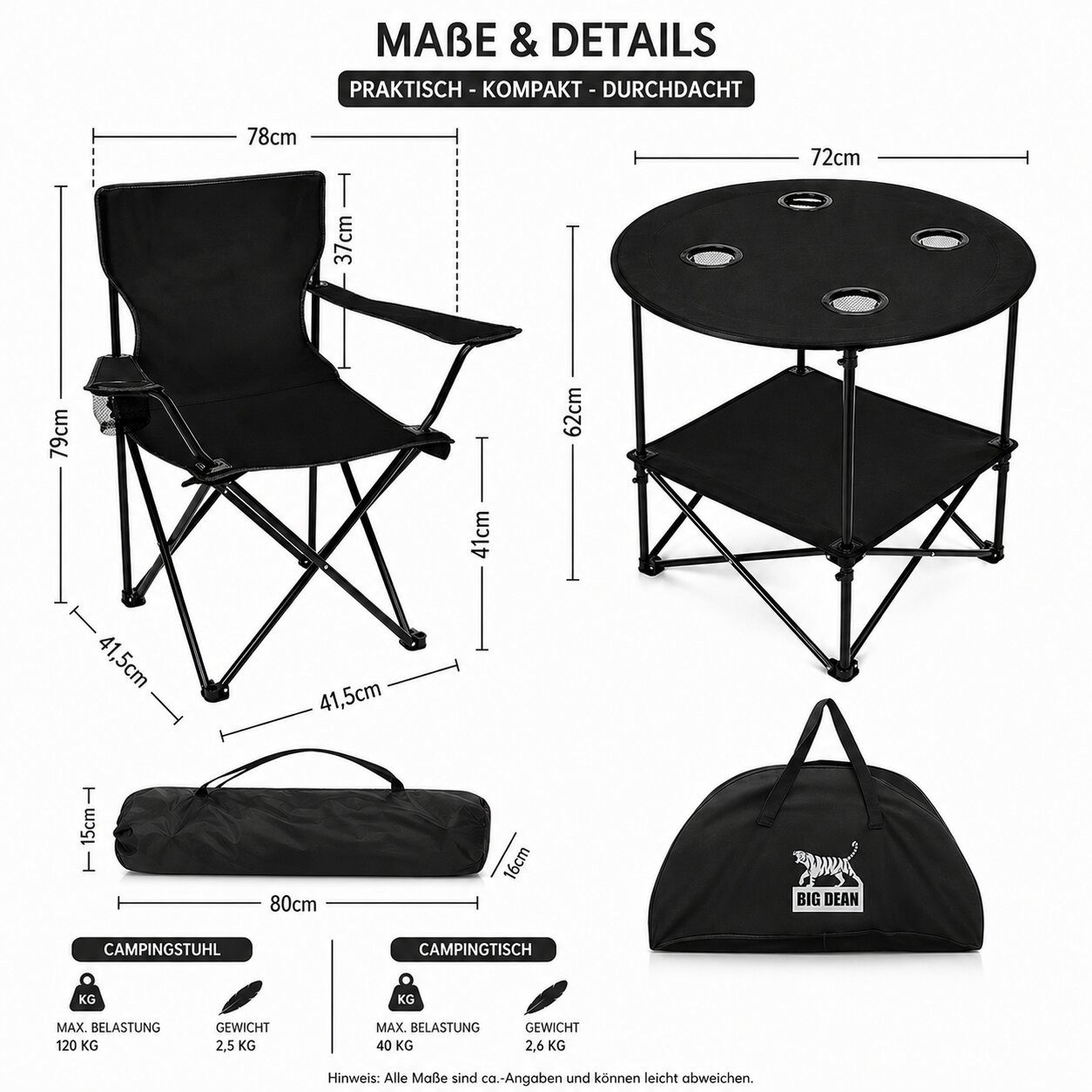 BigDean Campingstuhl Camping Set 2x Campingstühle + 1x Campingtisch (Spar-Set, 5 St), Komplettset für 2 Personen. Stabil. Belastbar. Kompakt & Klappbar