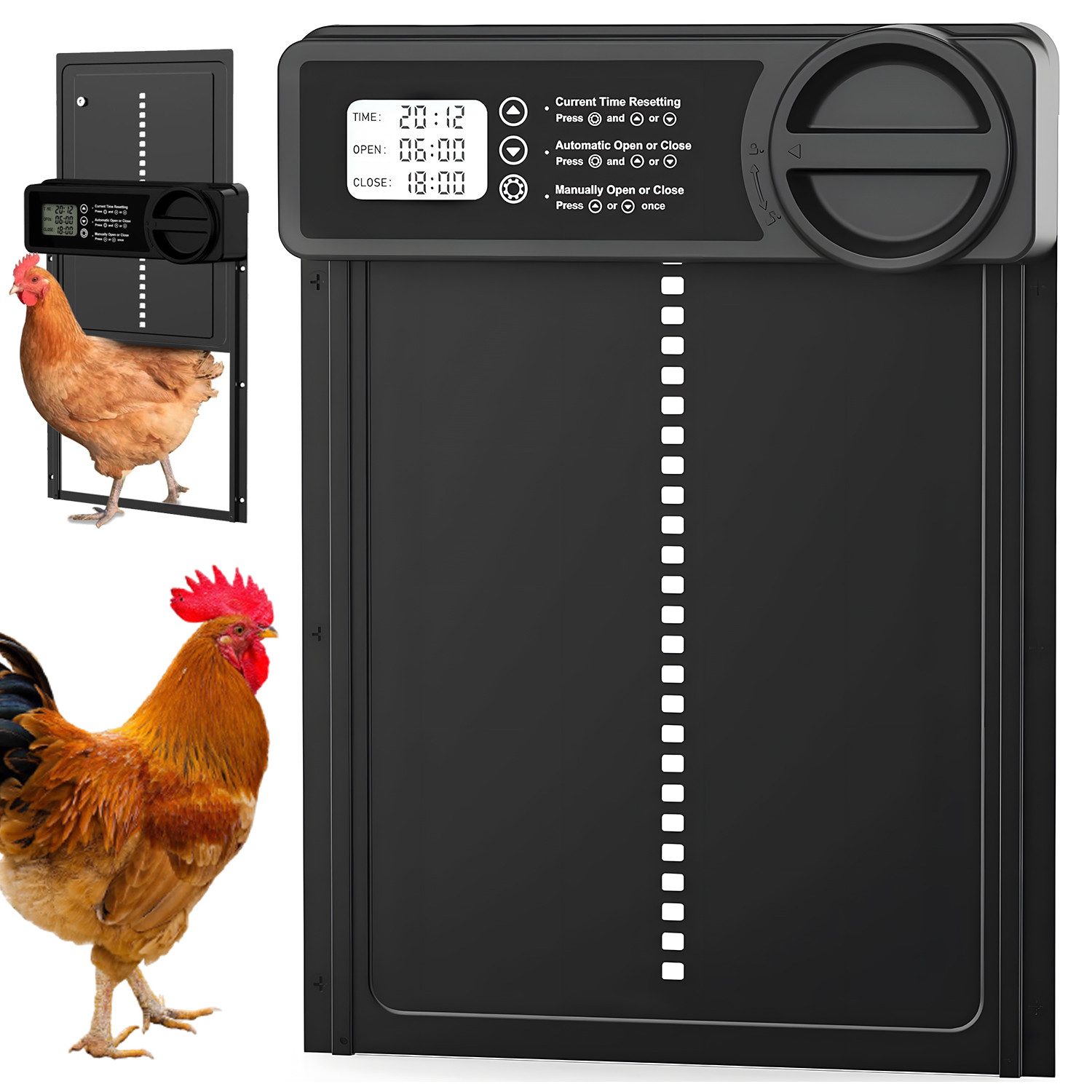 AKKEE Hühnerstall Automatische Hühnerklappe Aluminiumlegierung Wasserdicht Timer, Einklemmschutz Großes LCD-Display mit Zeit/Handmodus