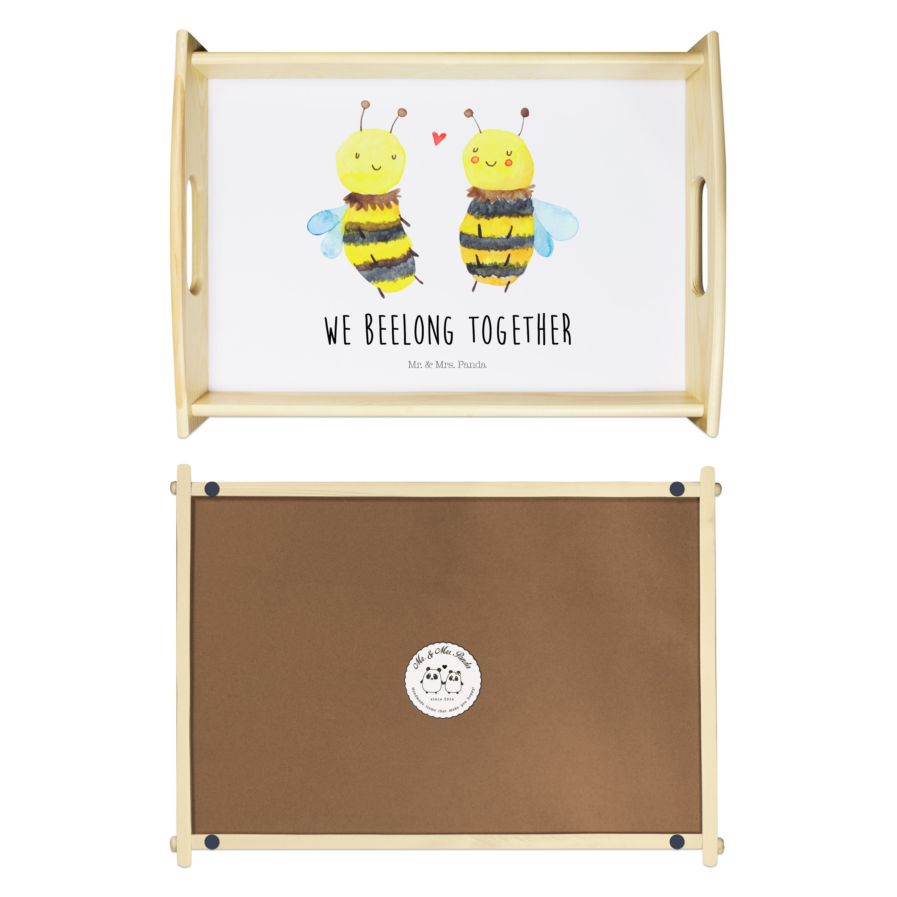 Mr. & Mrs. Panda Tablett Echtholz Küchentablett, (1-tlg) - Geschenk, Hummel, lasiert, Verliebt - Holztablett, Weiß Biene