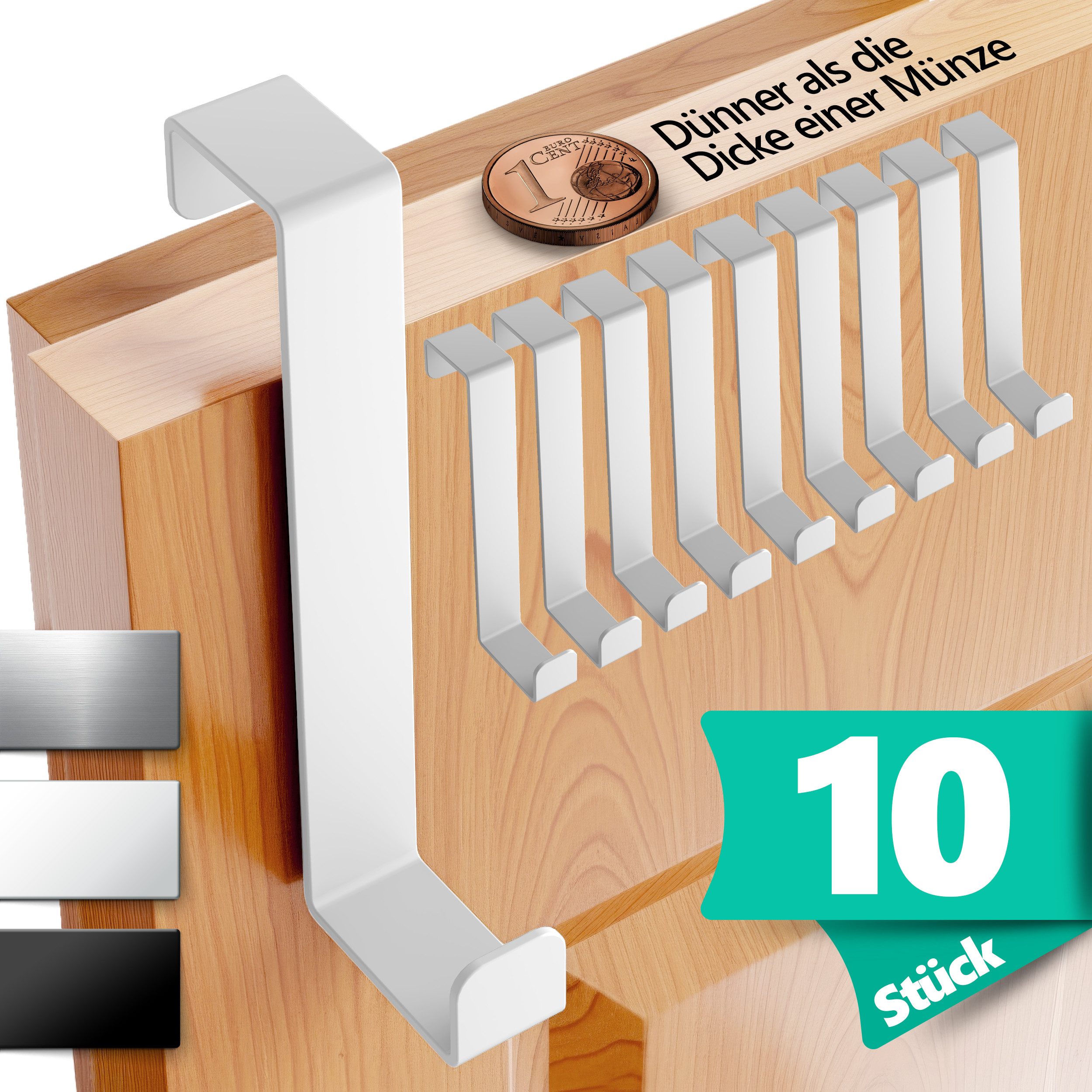 Lindenstein Türhaken Türhaken zum Einhängen 10er Set, Türen, (Packung, 10-St., 10), Bohrfrei, stark, langlebig, rostfrei, verformungsfest