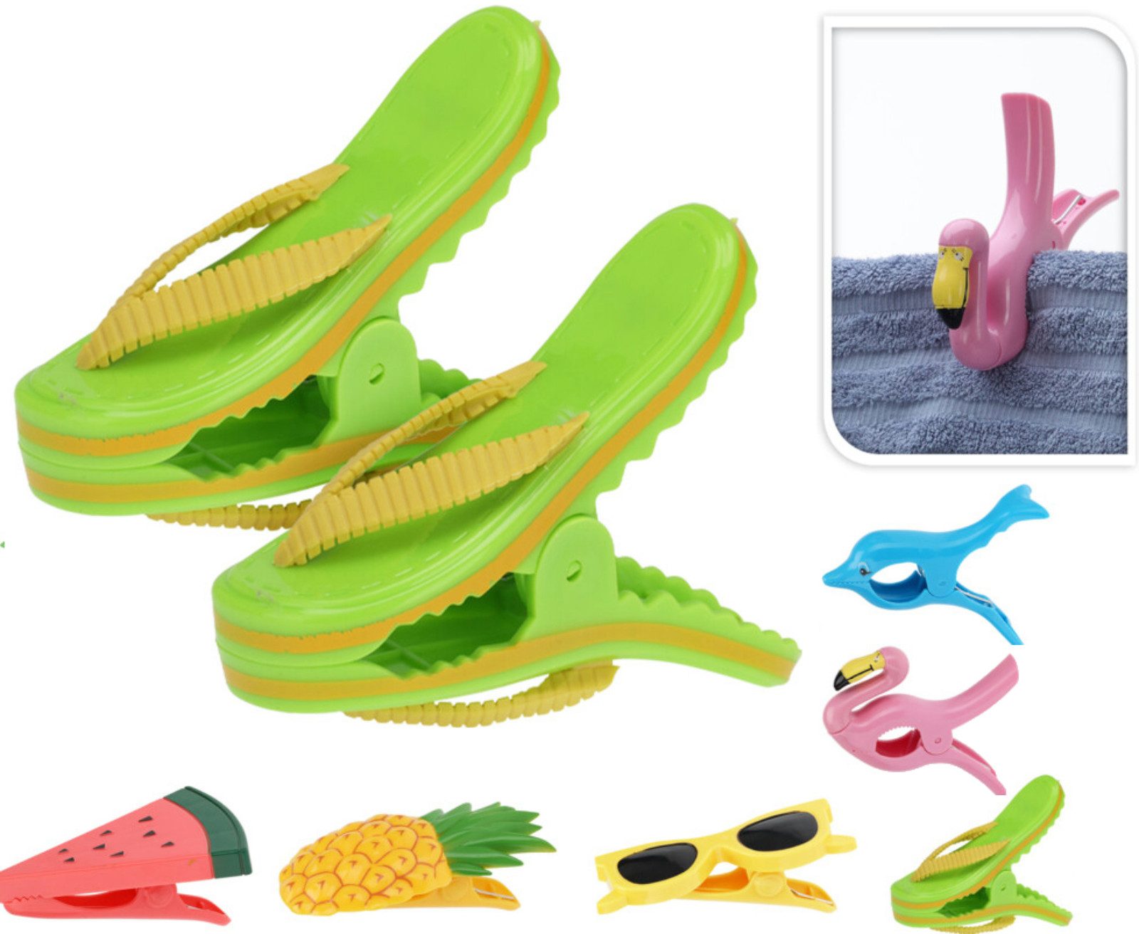 Koopman Handtuchklemme Clips Strandtuch Bunt 4 er Set, 4 Stk, Flip-Flops + Sonnenbrille, Kleidungsmotive, Strandurlaub – Bild 5 von 5
