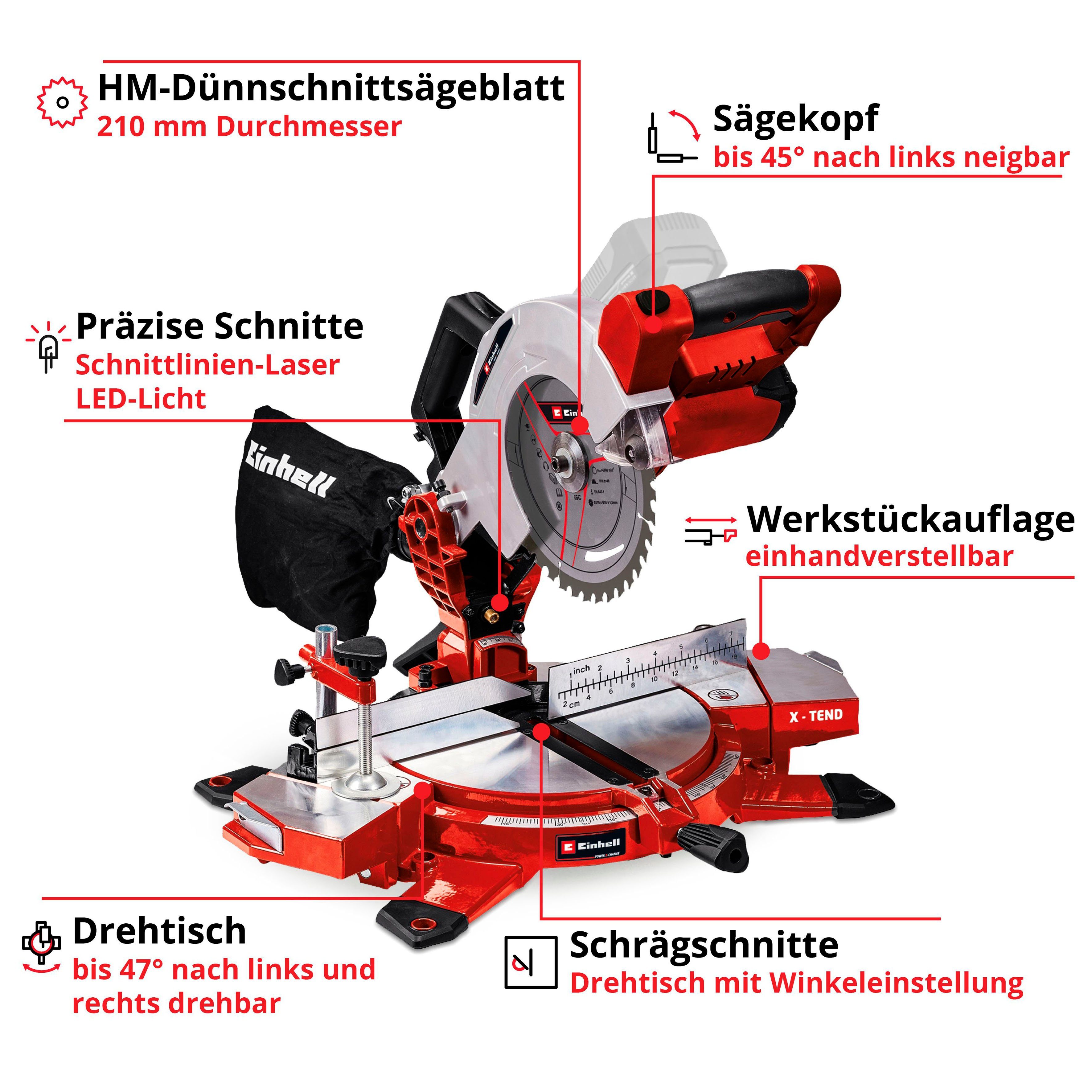 TE-MS X-Change, Akku Akku-Kapp-Gehrungssäge Power Einhell 210 Li-Solo, und ohne mm, 18/210 Ladegerät