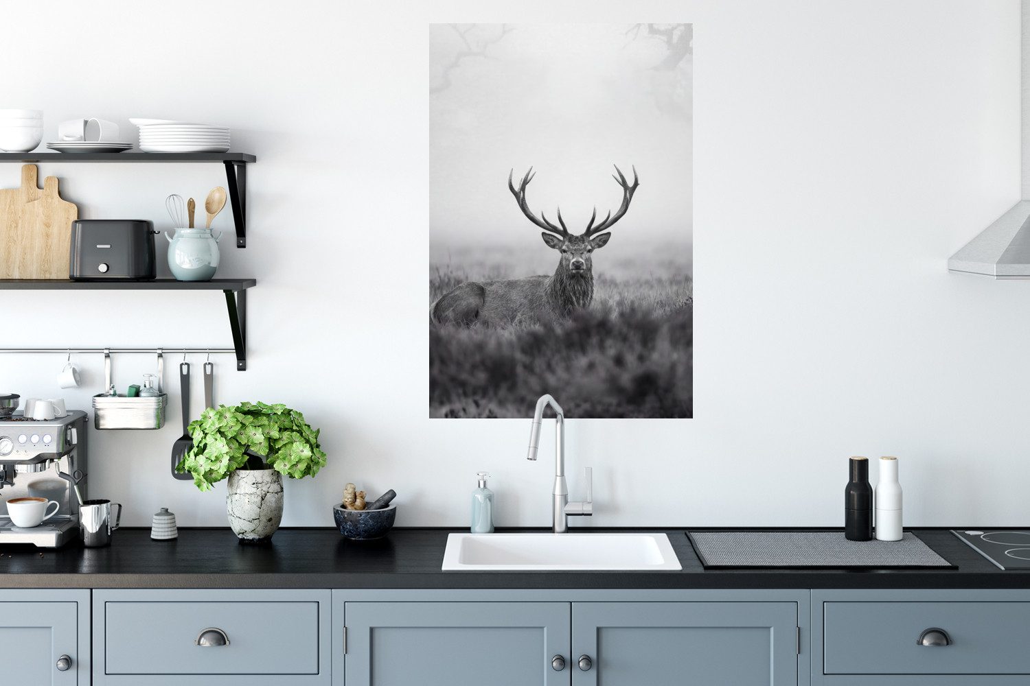 MuchoWow Wandsticker Hirsch - Neblig - Schwarz - Weiß (1 St), Wanddeko, Aufkleber, Wandtattoo, 60x90 cm