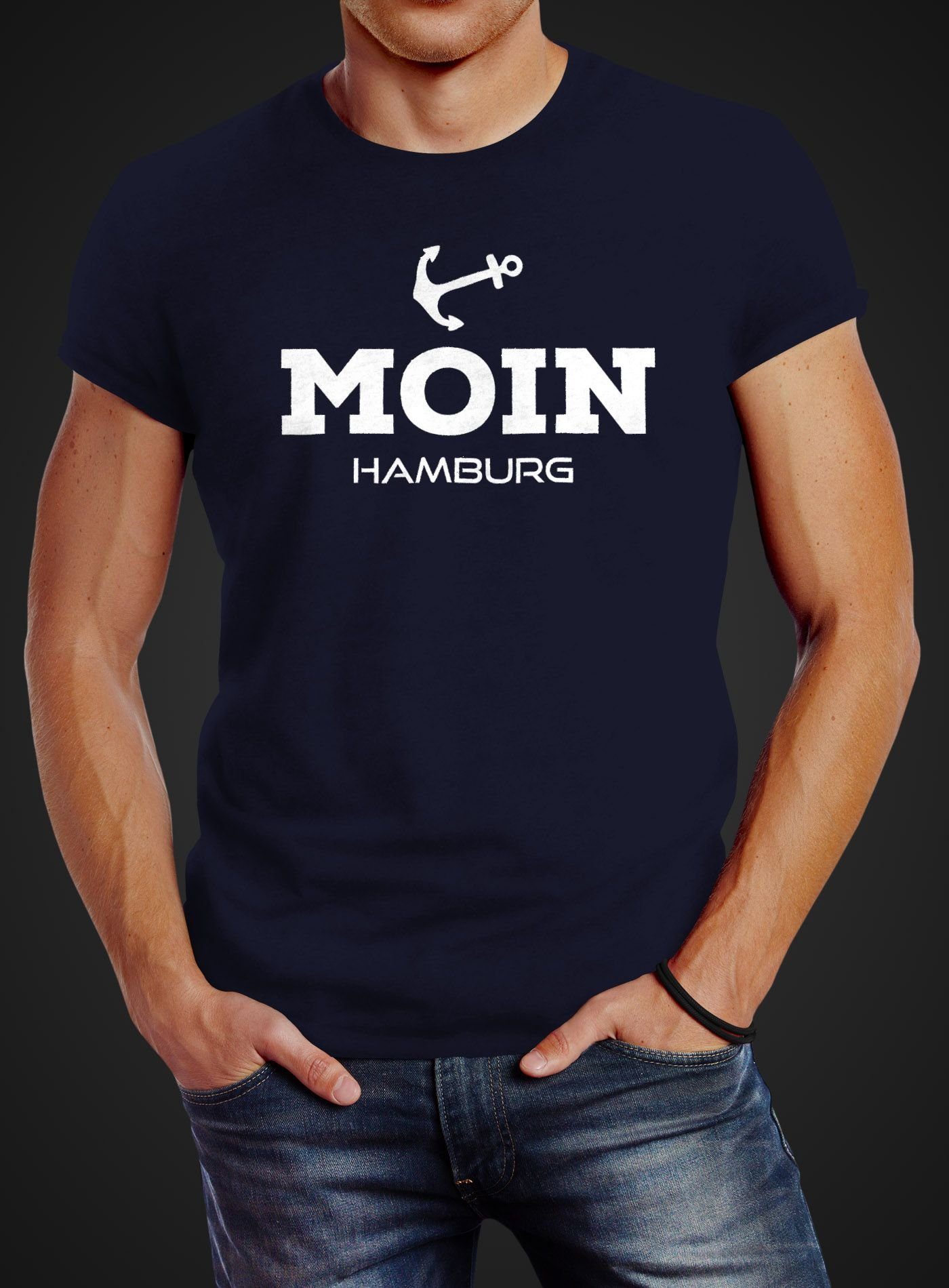 Neverless Print-Shirt mit Hamburg Anker Print Herren Moin Fit Slim T-Shirt Neverless® navy