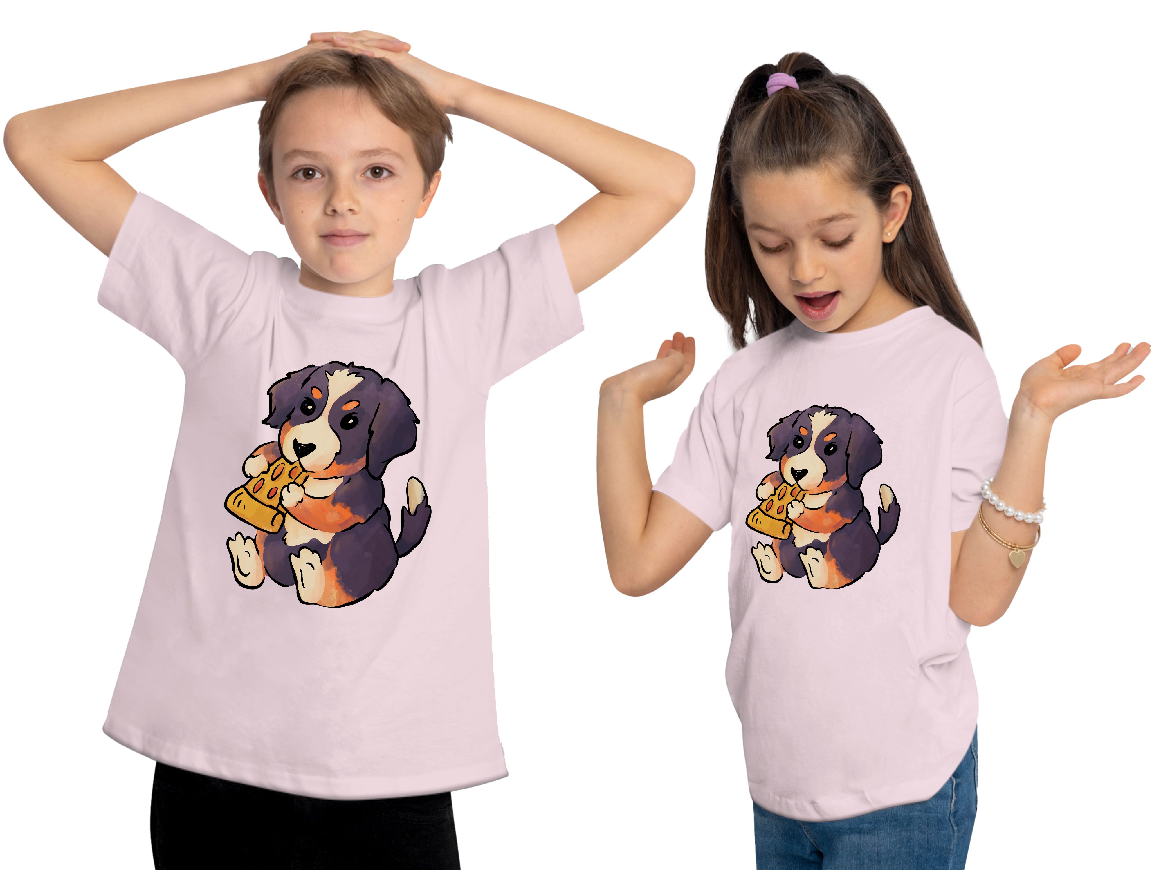 MyDesign24 Print-Shirt bedrucktes Kinder Hunde T-Shirt - Welpe mit Pizza Kurzarm Baumwollshirt mit Aufdruck i219