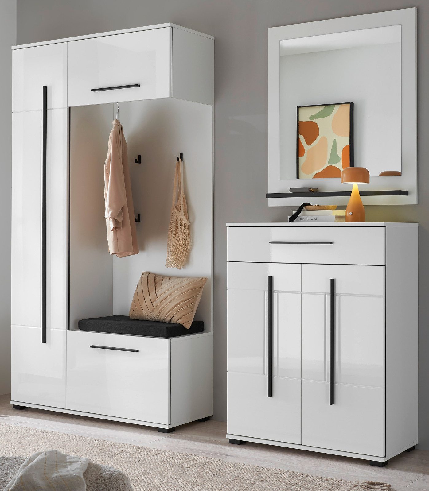 Furn.Design Garderoben-Set Design-D, (Komplett-Set in Weiß Hochglanz, 4-St., inklusive Sitzkissen, 200 x 200 cm), mit viel Stauraum und Soft-Close