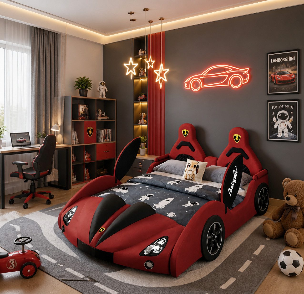 JVmoebel Autobett Rotes Kinderbett Auto LED Bluetooth Kinderbetten Bett für Jungen, Made in Europa