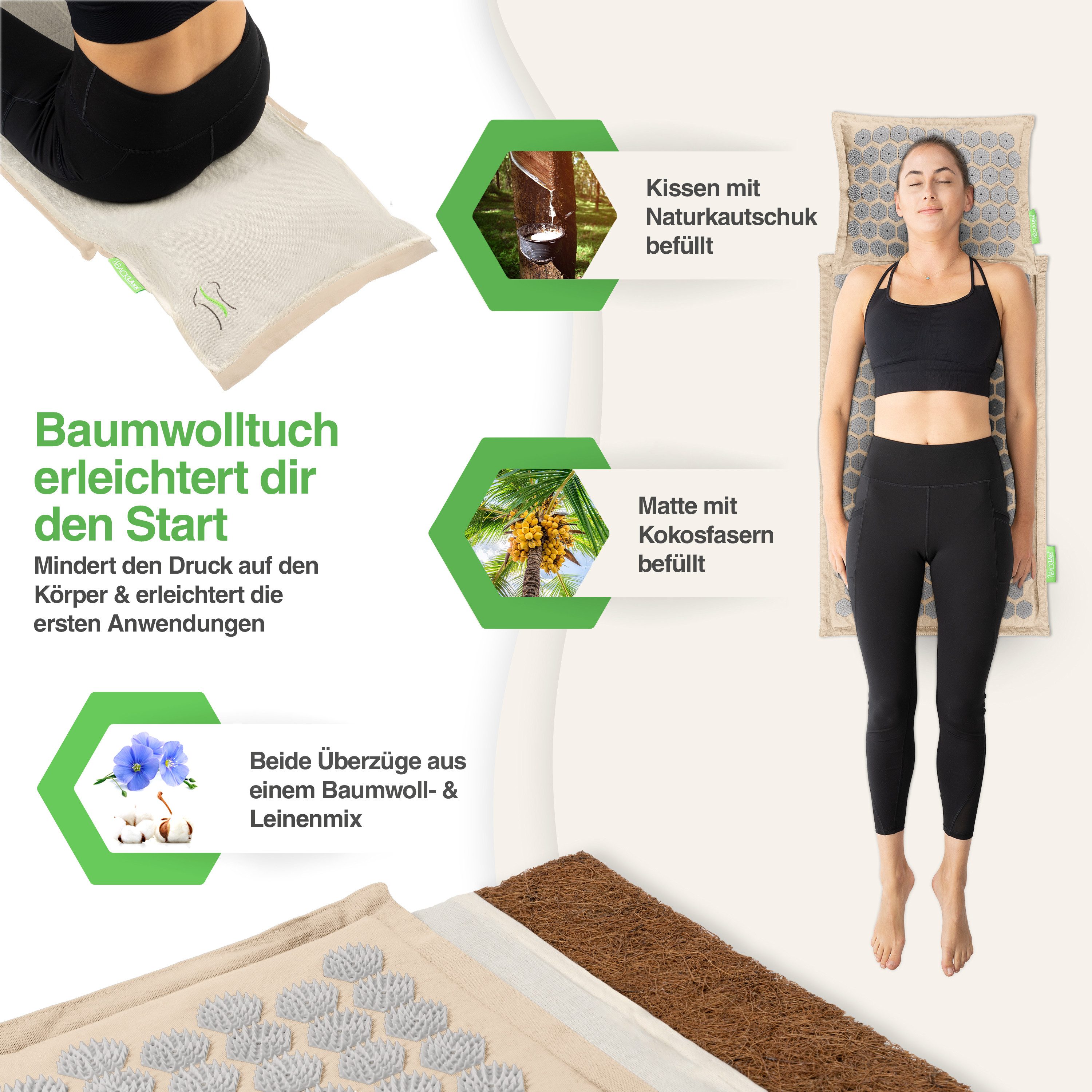 BACKLAxx® Akupressurmatte Set "Original" - Akupunkturmatte mit Stacheln (5-tlg. Akupressur Set, inkl. Akupressurmatte - & Kissen, Lendenkissen, Tragetasche & Tuch), Matte mit 9.600 Spitzen, Kissen mit 3.168 Spitzen