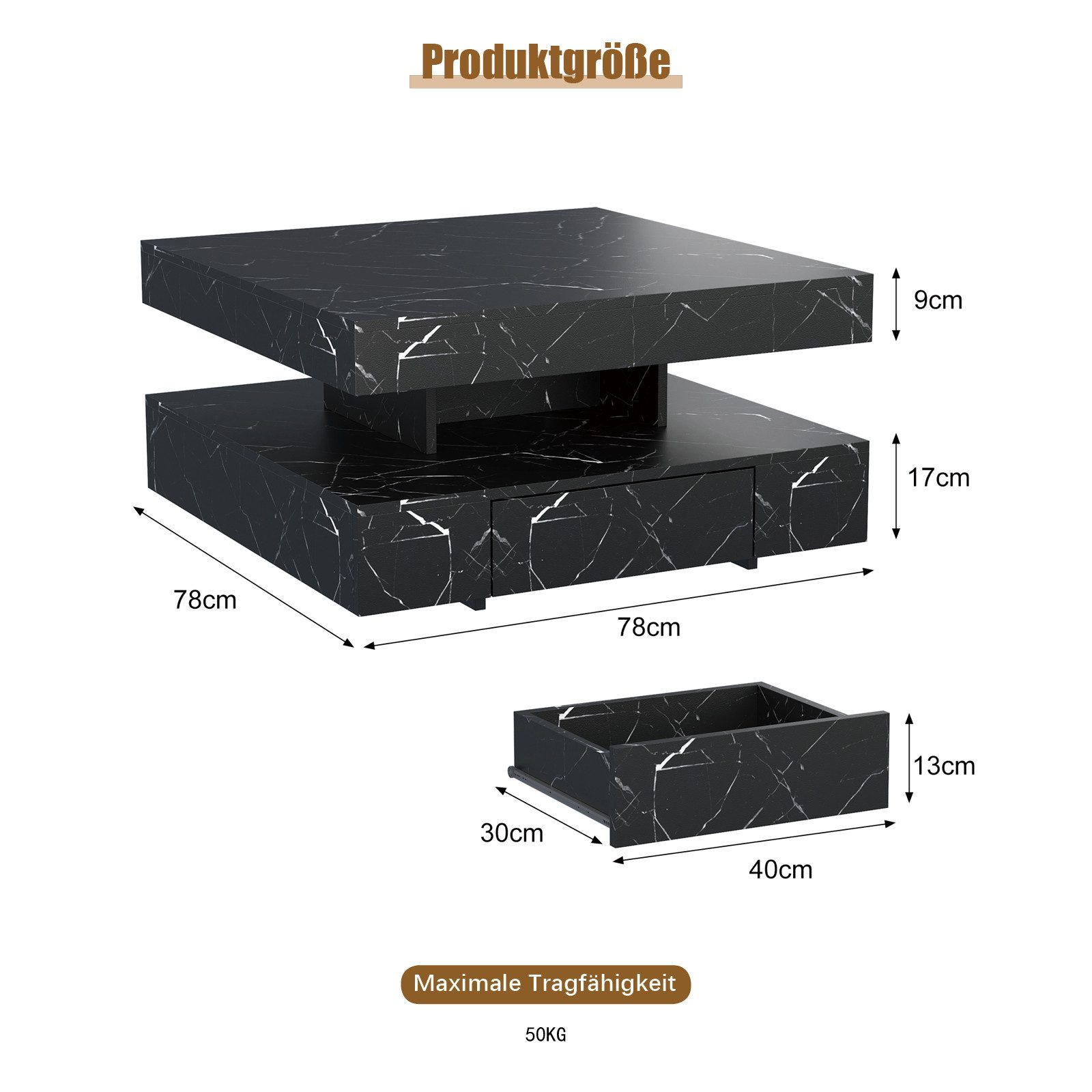radelldar Couchtisch mit LED-Beleuchtung, 2 Schubladen und verdecktem Stauraum (1-St), Wohnzimmertisch matt 78x78x40 cm