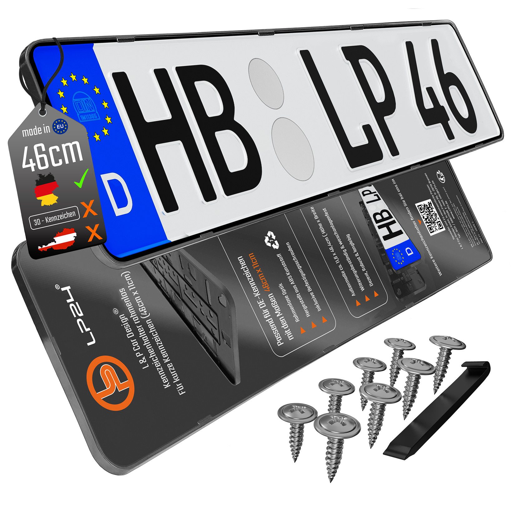 L & P Car Design Kennzeichenhalter 460mm für Auto rahmenlos Schwarz dezent sicher langlebig, (2-St)