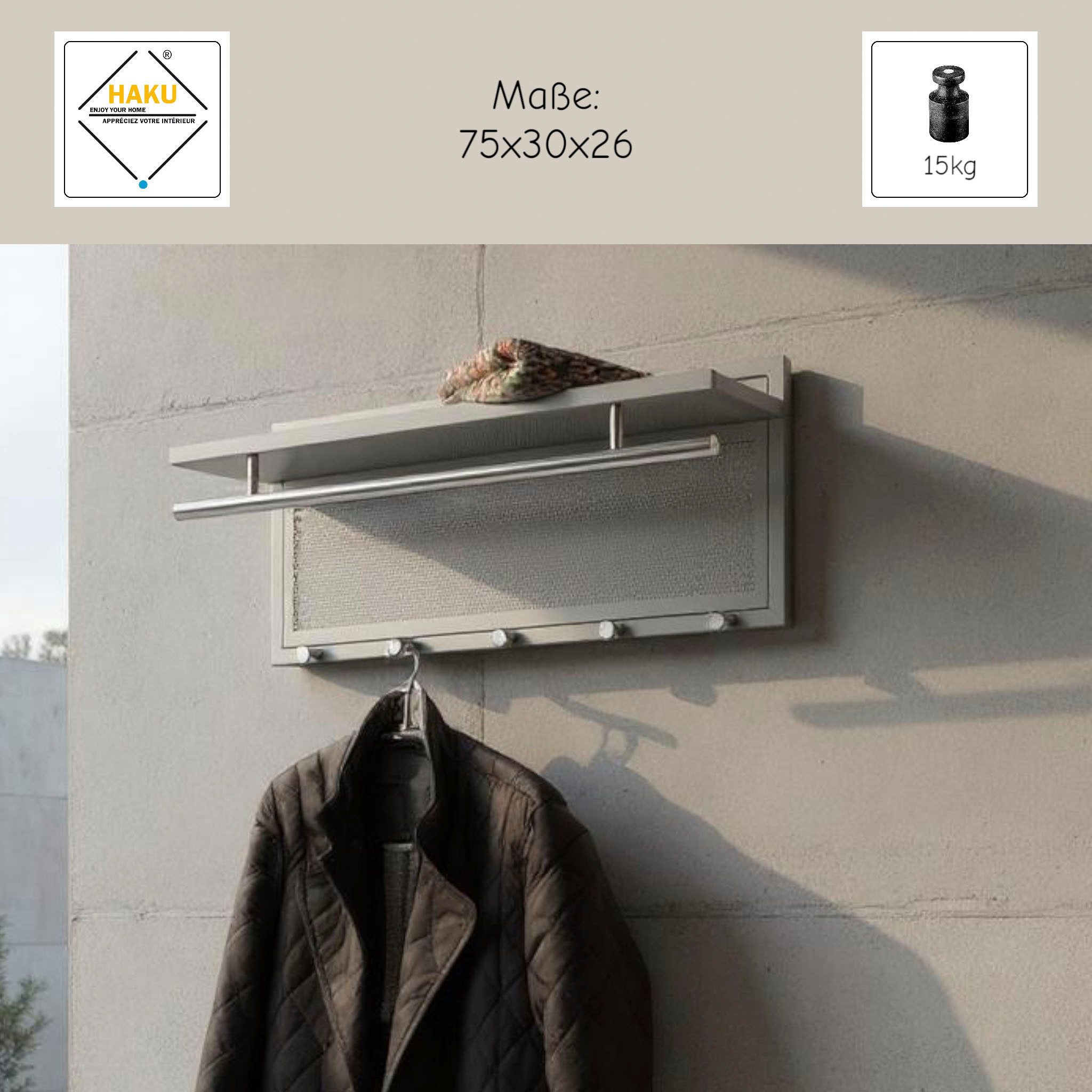 HAKU Wandgarderobe (1 St), rechteckig- aus Textil Grau - B/T/H 60/50/173 cm