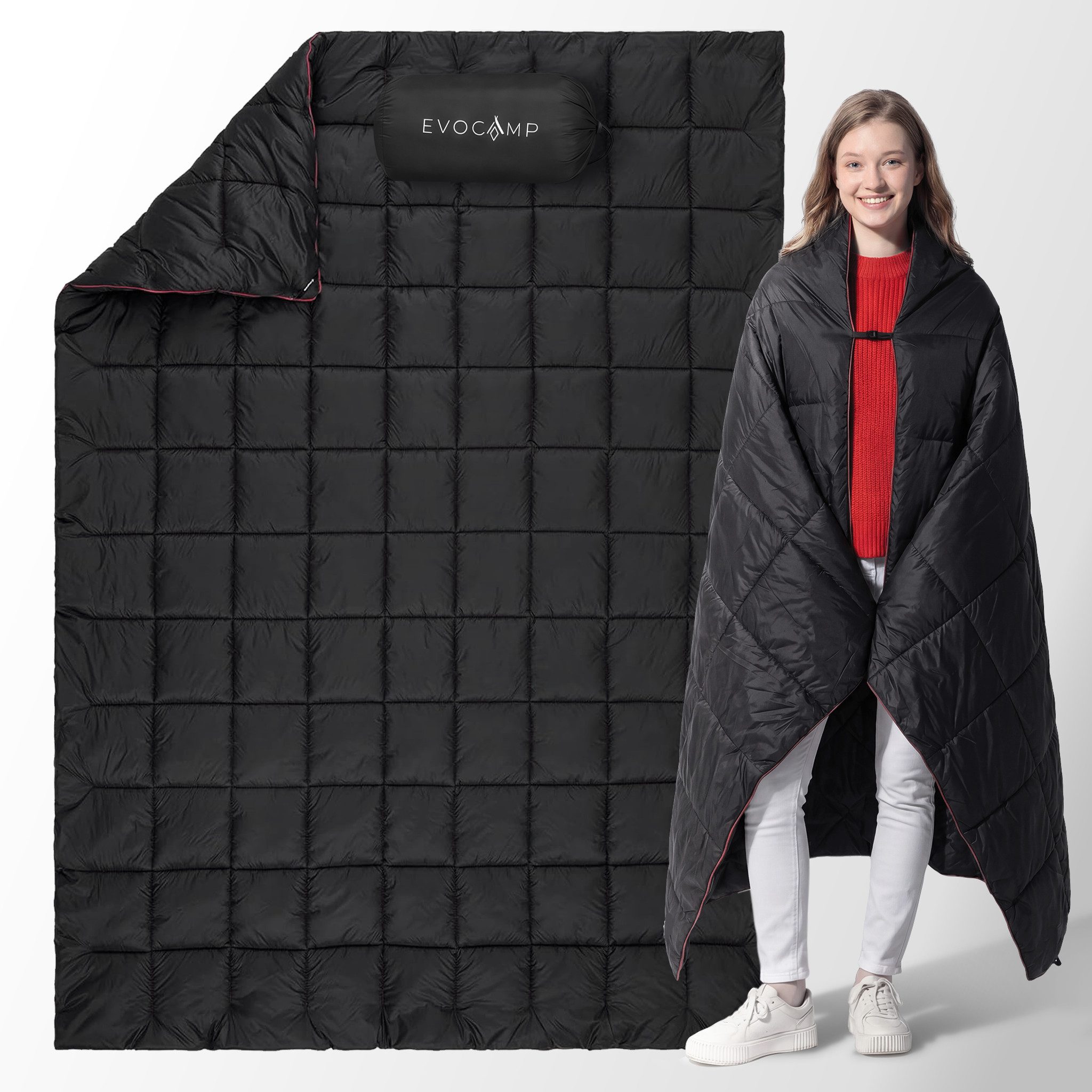 Picknickdecke Campingdecke 200x140 cm ultraleicht Outdoor Decke wasserabweisend, EVOCAMP, Thermodecke Outdoor mit Poncho Funktion und Kissen, schwarz
