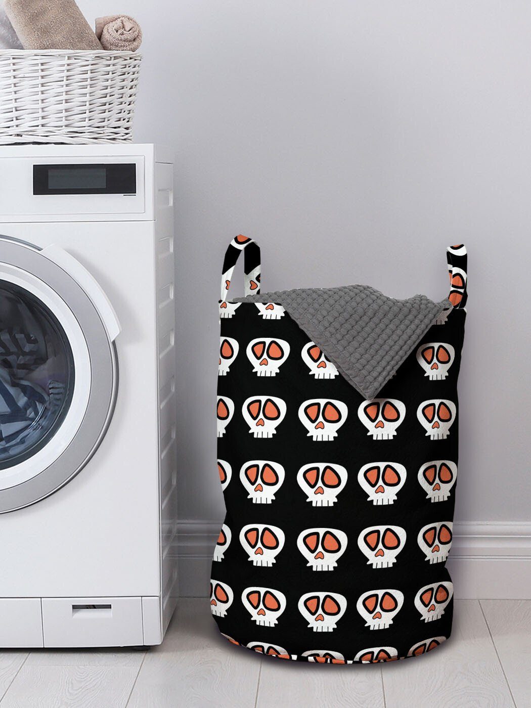 Wäschekorb Halloween-Karikatur-Schädel Griffen mit Wäschesäckchen gotisch Abakuhaus Kordelzugverschluss für Waschsalons,