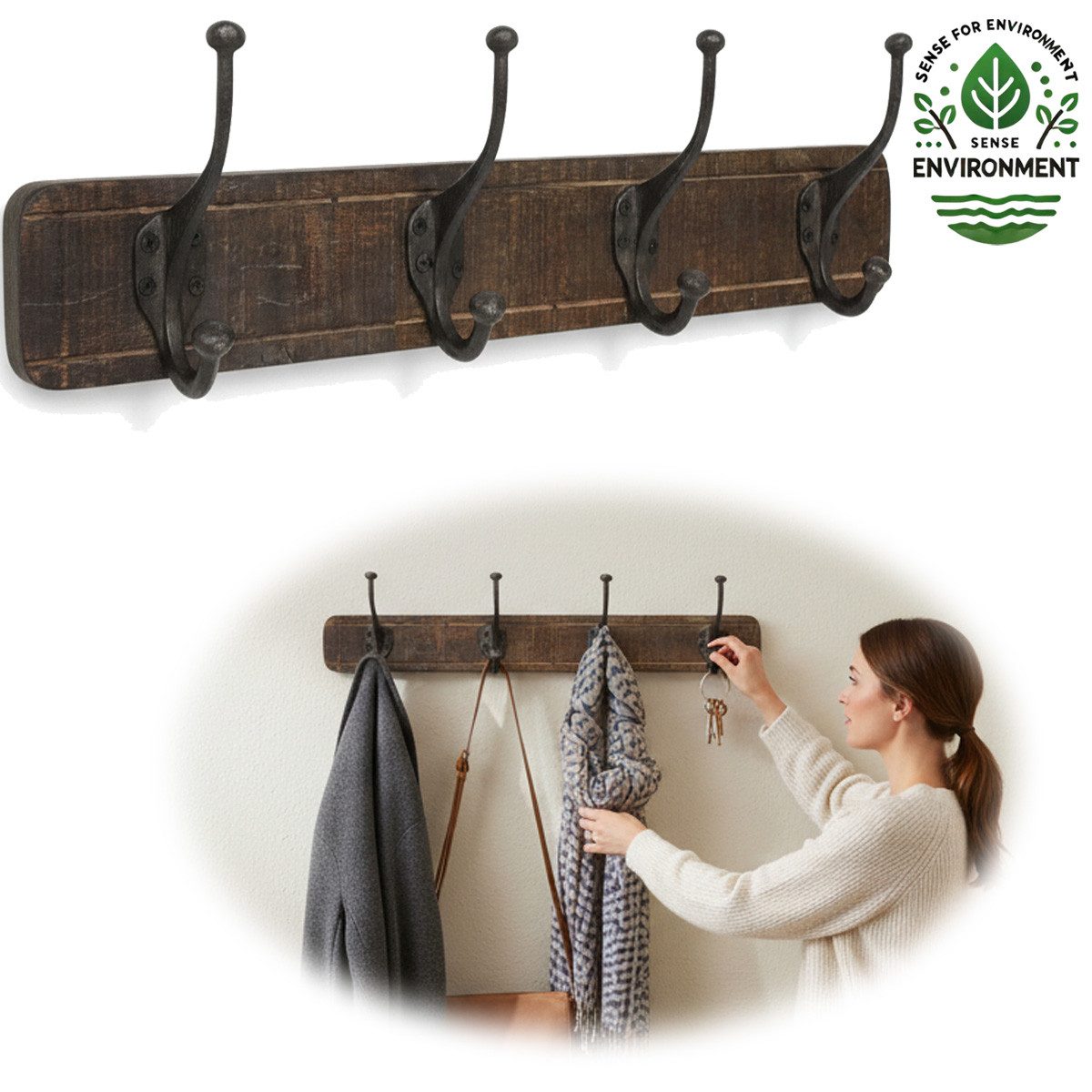 LS-LebenStil Wandgarderobe Vintage Teak Holz 60cm 4/8 Haken Jackenhalter Braun Garderobe (1 St), Nachhaltige Teak Holz Hakenleiste 4 Haken Garderobenhaken Kleiderhaken