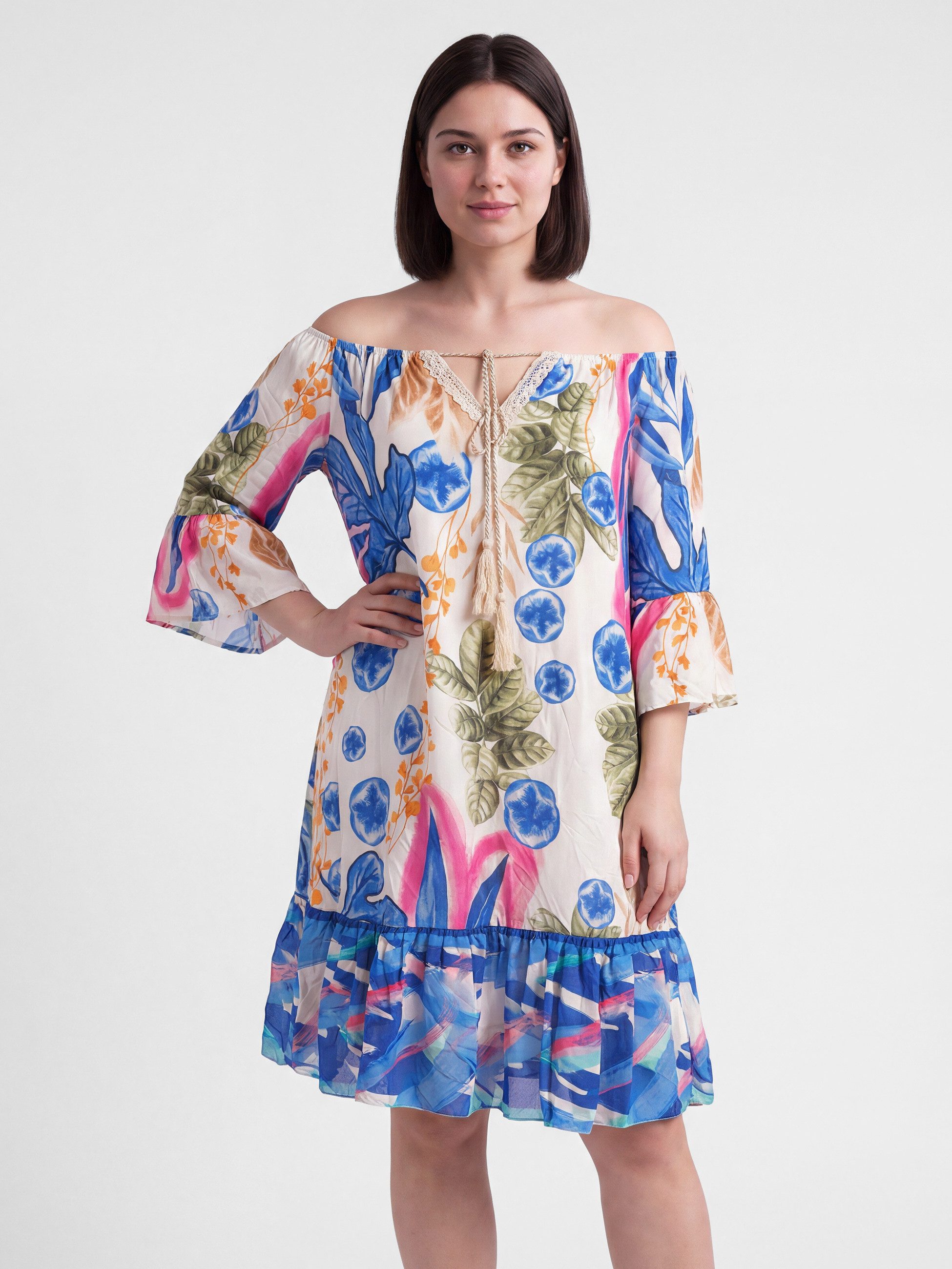 Sommerkleid Boho-Kleid mit Carmen-Ausschnitt und Volants