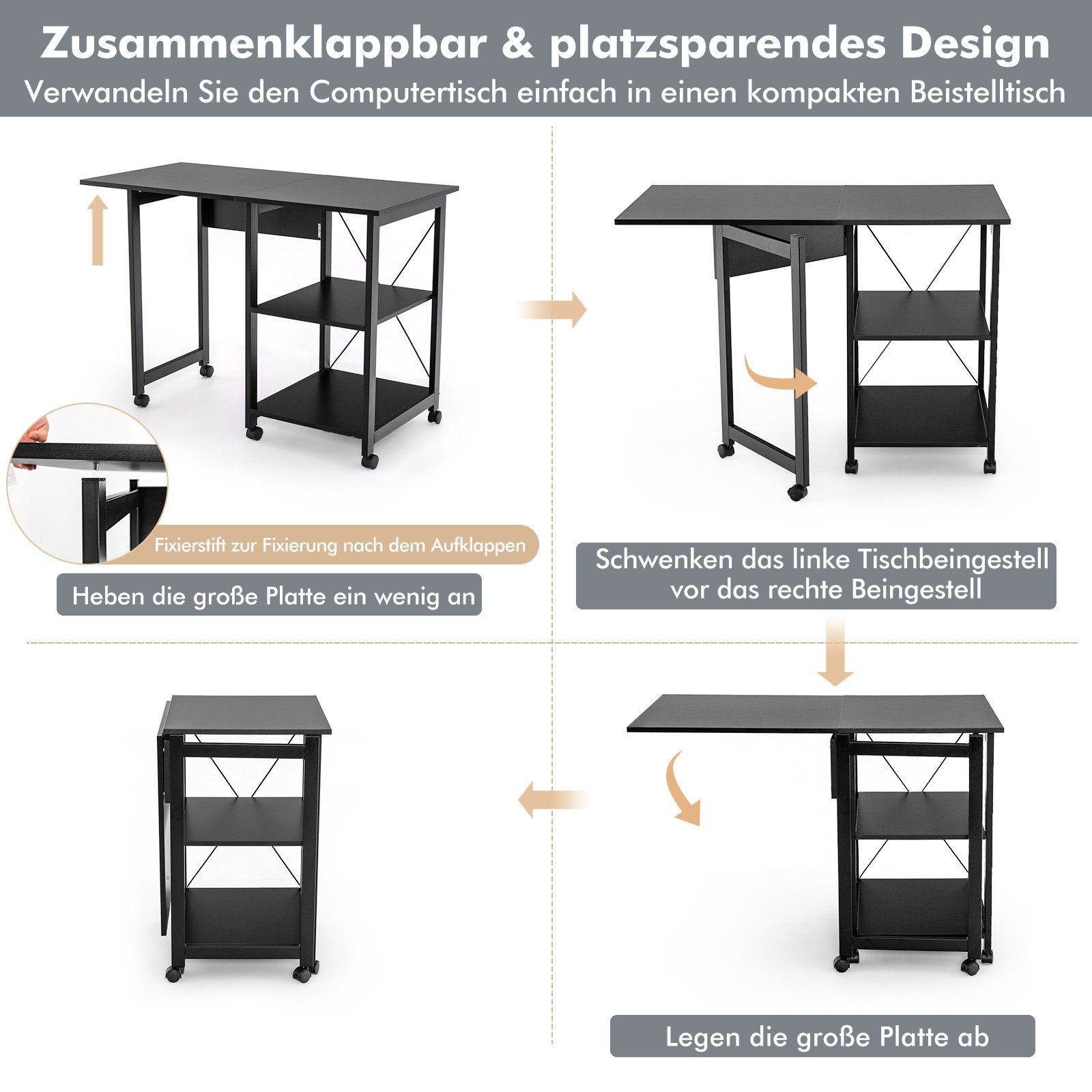 COSTWAY Computertisch, klappbar, mit Rollen & abnehmbarem Regal