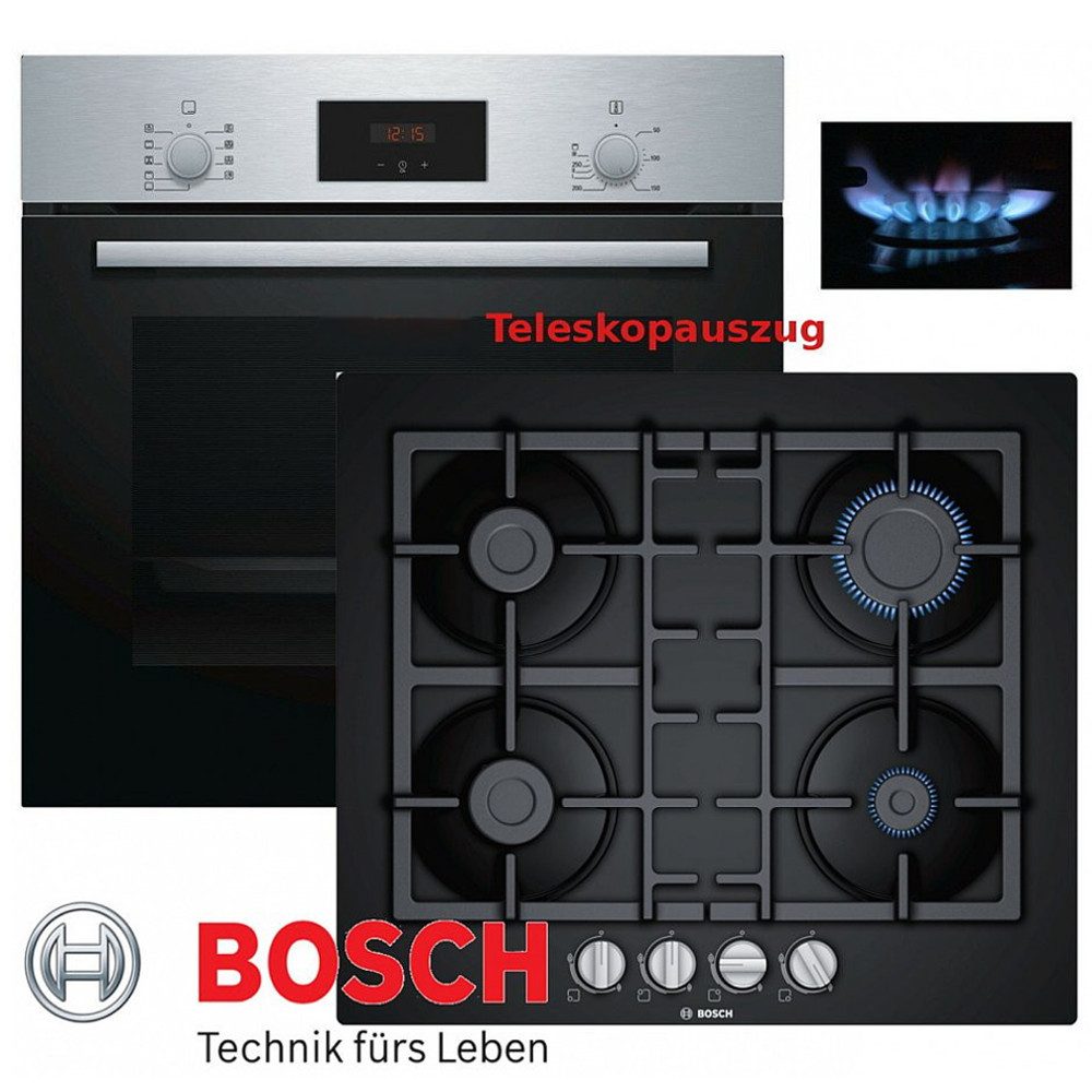BOSCH Gasherd-Set Bosch Autark Elektro Backofen mit Teleskop + GAS Glas Kochfeld Neu, mit 1-fach-Teleskopauszug