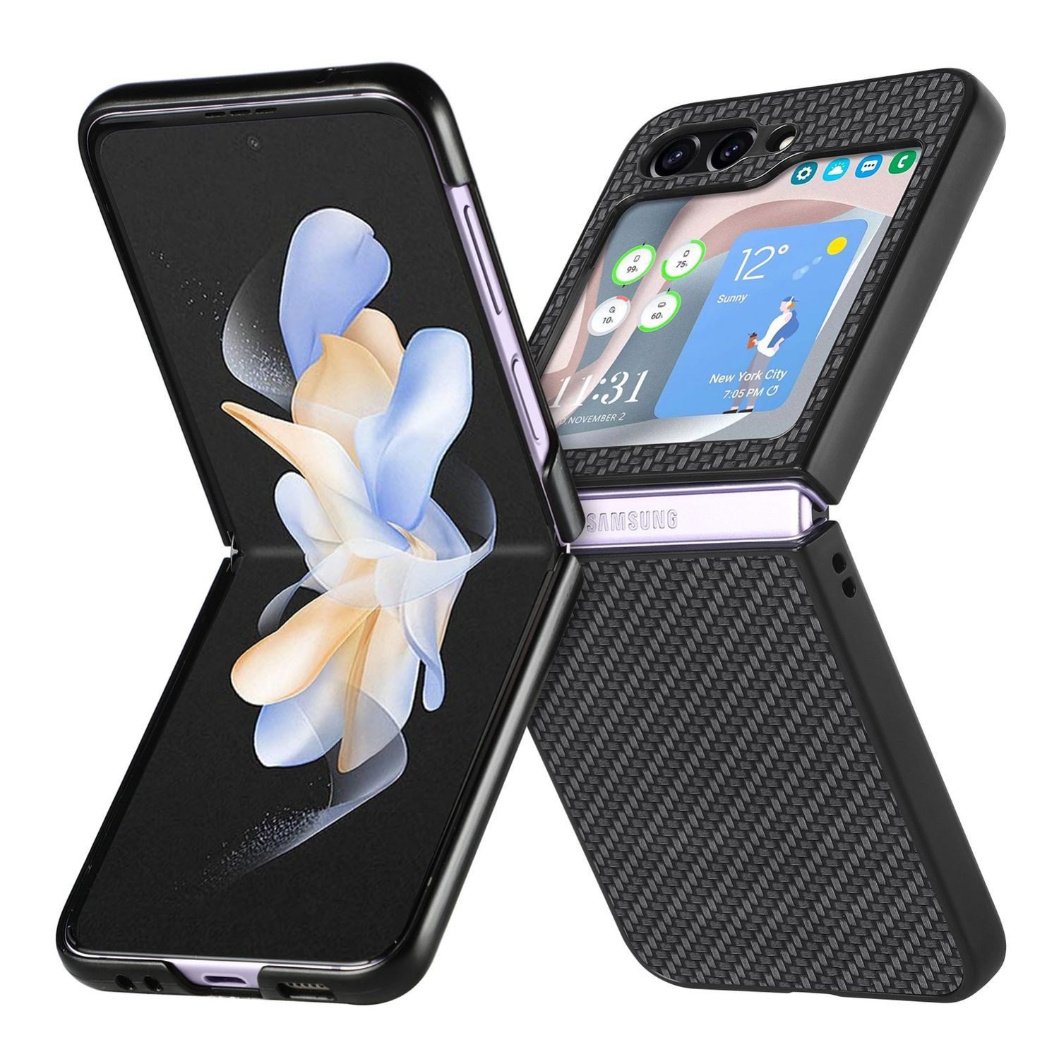 Wigento Handyhülle Für Samsung Galaxy Z Flip5 5G Carbon Handy Tasche Hülle Cover Etui Neu