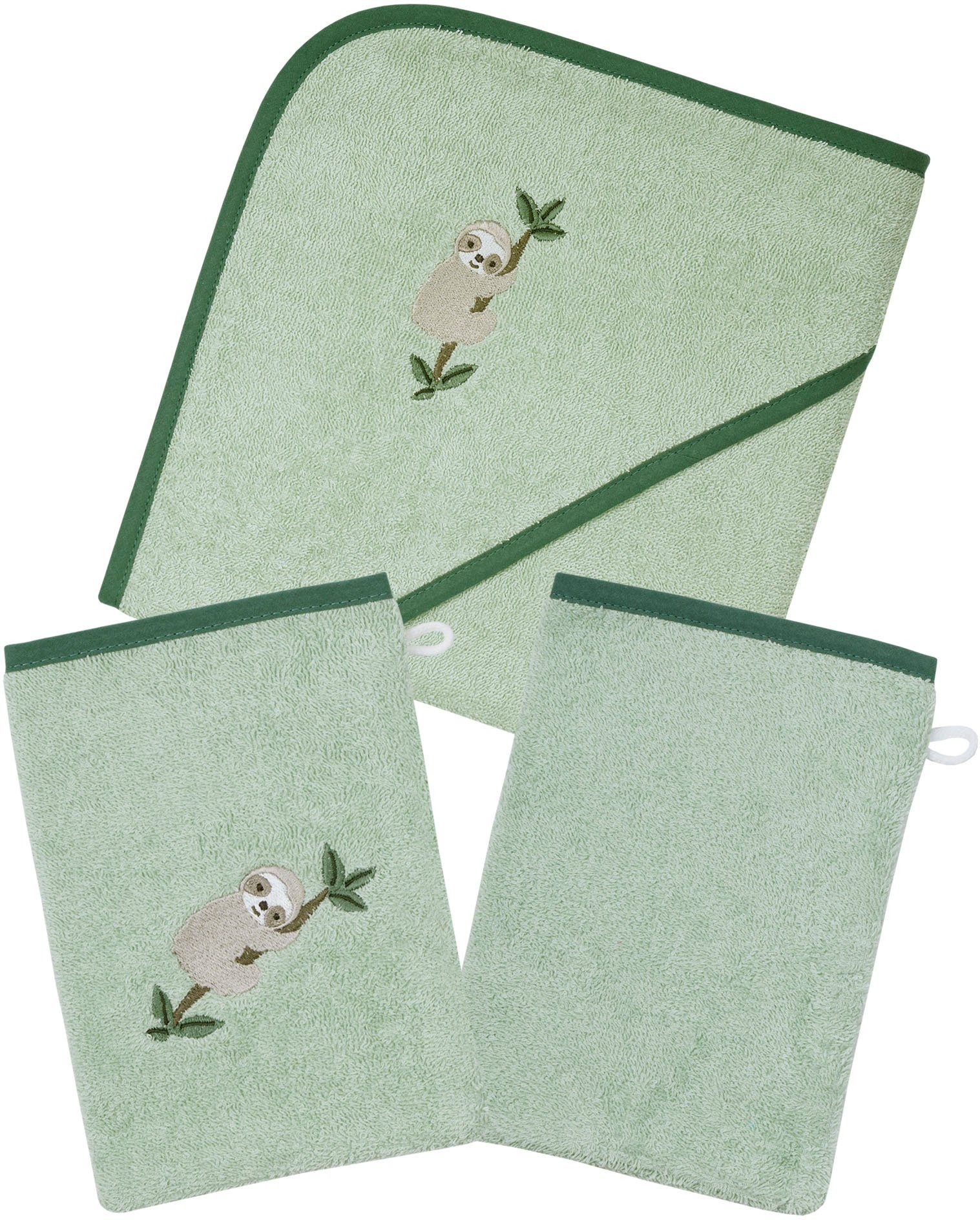 Wörner Handtuch Set Faultier helloliv Kapuzenbadetuch mit 2 Waschhandschuhen, Frottier, (Spar-Set, 3-tlg), mit süßer Stickerei Faultier