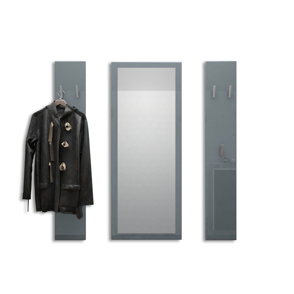 Vladon Garderoben-Set Spot, (Flurgarderobe, mit 2 Garderobenpaneelen und 1 Spiegel), Grau Hochglanz (Paneel: 24 x 140 x 10 cm/Spiegel: 55 x 139 x 2 cm)
