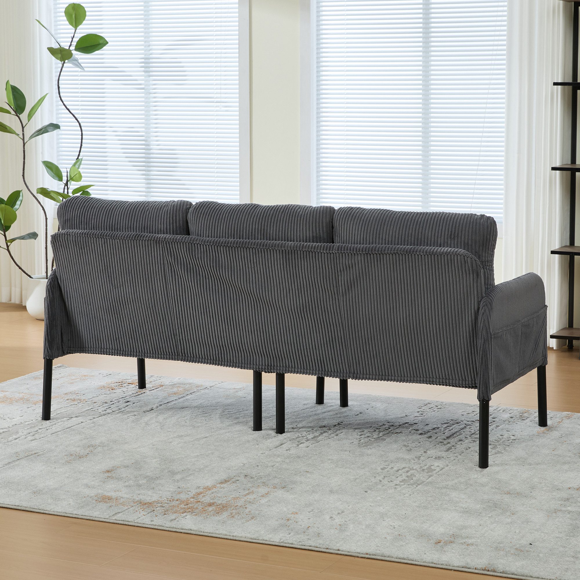 STILVORA Loungesofa Dreisitzer Cordsofa mit hoher Rückenlehne und Seitentaschen Grau, Relaxsofa mit Stabile Metallfüße und robuste Konstruktion, Tiefe und breite Sitzfläche
