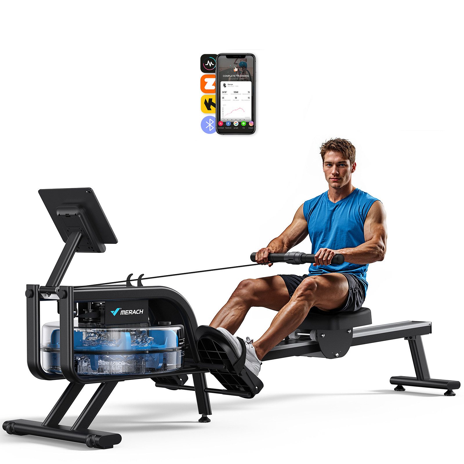 MERACH Rudergerät Wasserrudergerät mit 15L Wassertank, Kinomap & klappbar – für Zuhause (Leises Ganzkörpertraining, 136kg max. Benutzergewicht), Rudermaschine,echtzeit Fitnessüberwachung, klappbar