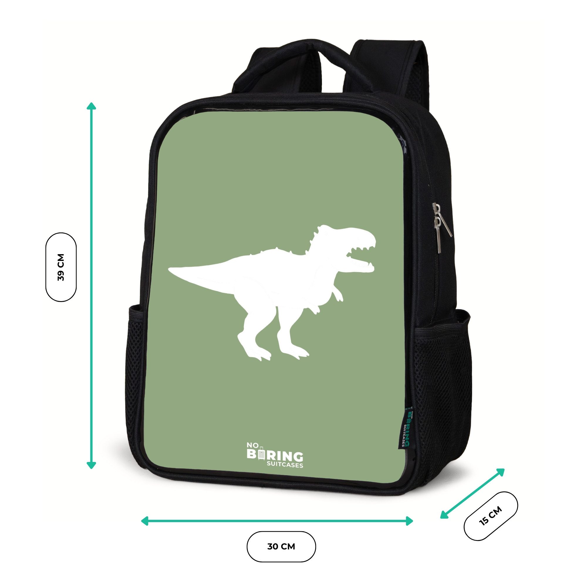 NoBoringSuitcases.com© Rucksack Grün mit T-Rex-Dino, Kinderrucksack Schwarz, Schulrucksack, Freizeitrucksack Jungen Mädchen