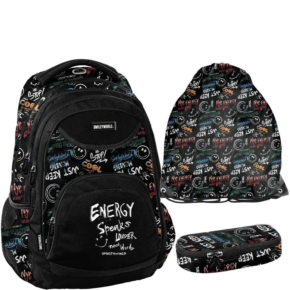 PASO Schulrucksack (Schulset, 3-tlg), Smiley Schulset 3-teilig – Schwarz