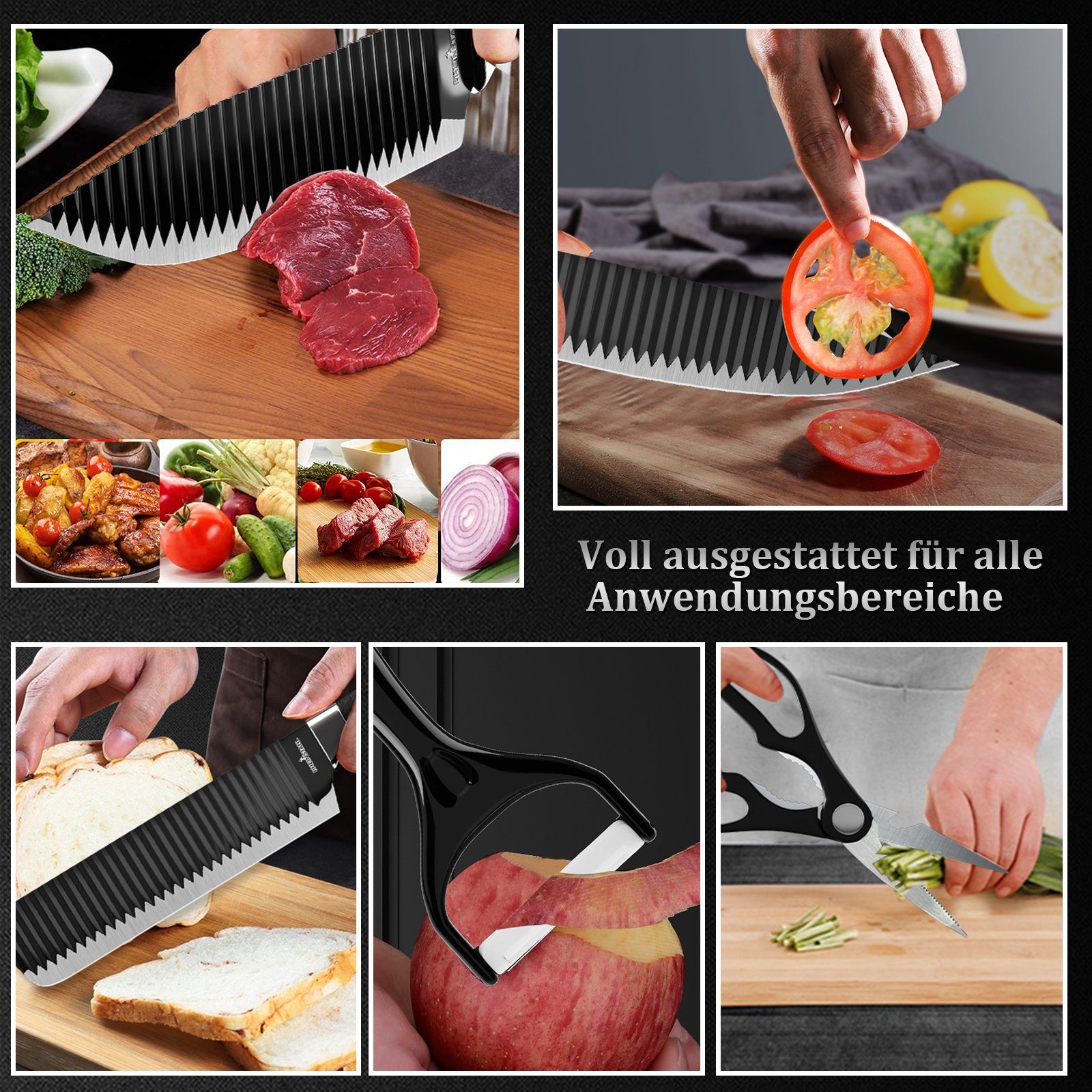 Cexovo 6-teiliges Messerblock Set - Kochmesser Set Edelstahl Schwarz