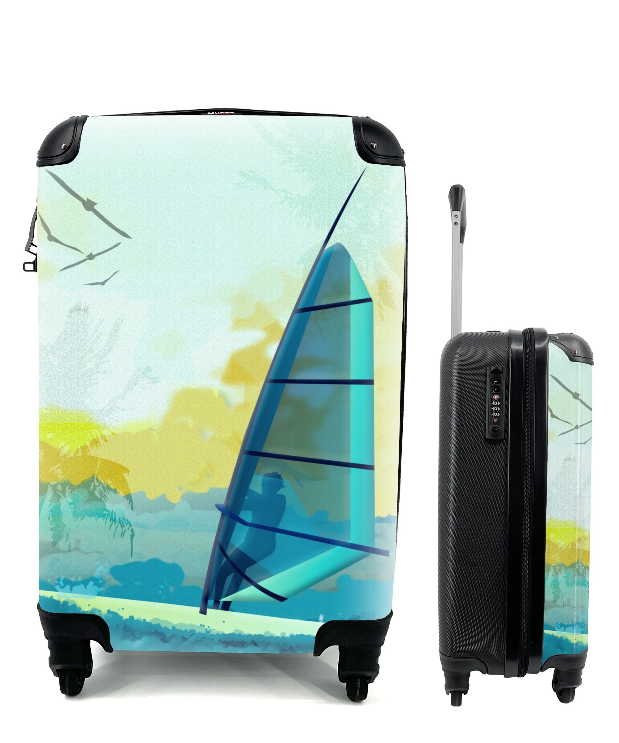 MuchoWow Handgepäckkoffer Illustration einer Person beim Windsurfen auf dem Meer, 4 Rollen, Reisetasche mit rollen, Handgepäck für Ferien, Trolley, Reisekoffer