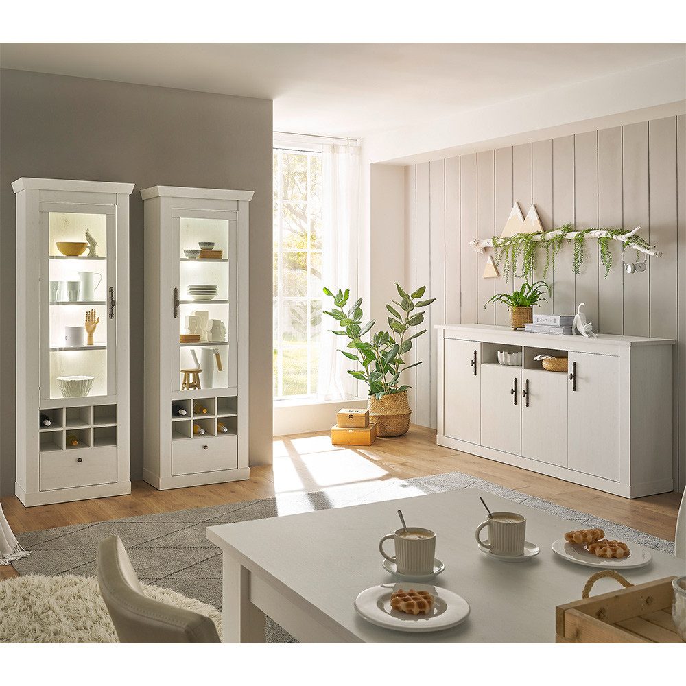 Lomadox Esszimmer-Set RAPLA-61, (Spar-Set, 3-St., Vitrinen Sideboard), mit LED-Beleuchtung, Pinie weiß, Landhaus-Stil