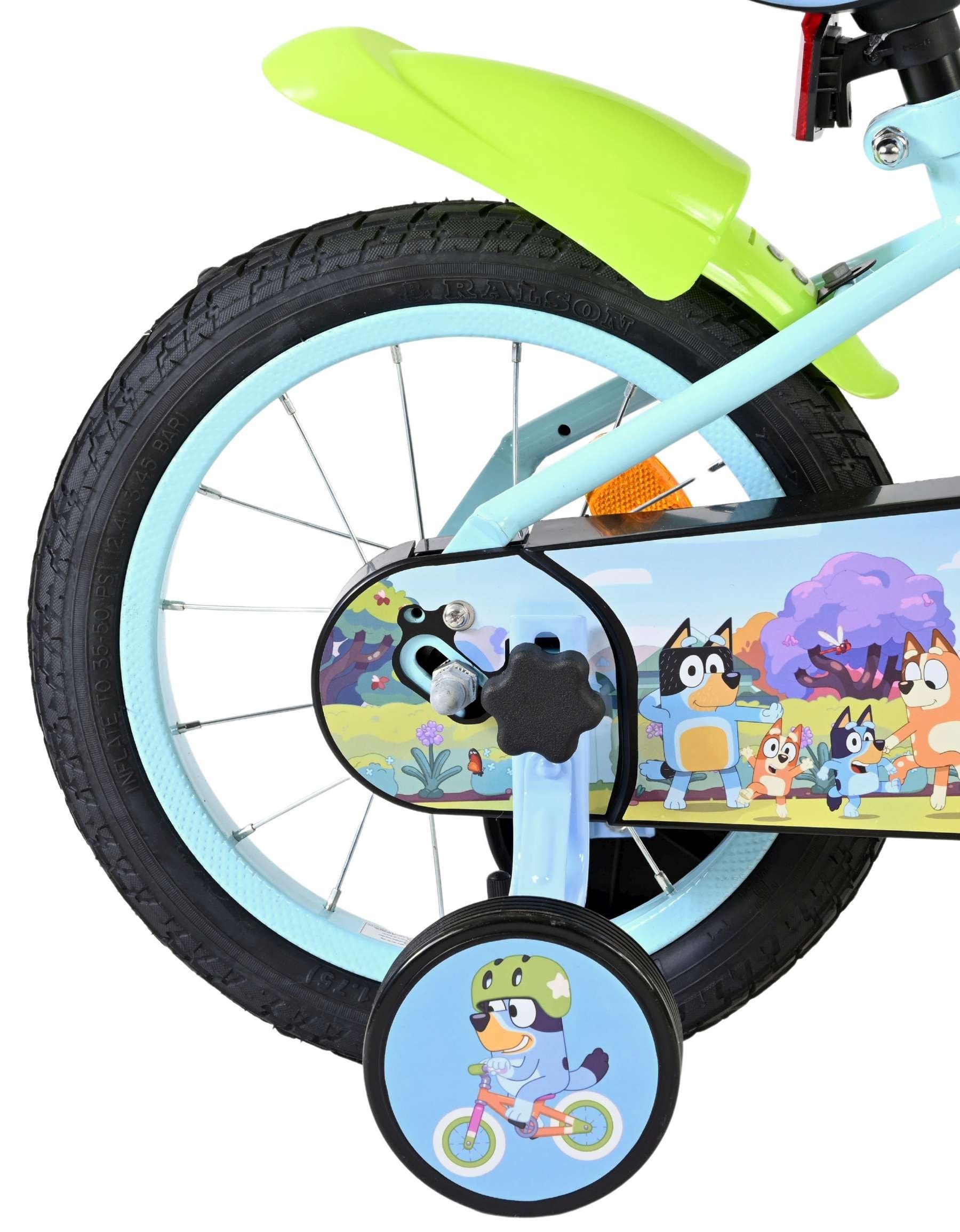 Volare Kinderfahrrad Bluey 14 Zoll Hellblau mit Stützrädern, Handbremse & Rücktrittbremse, Neongrüne Schutzbleche, geschlossener Kettenkasten, Stahlfelgen