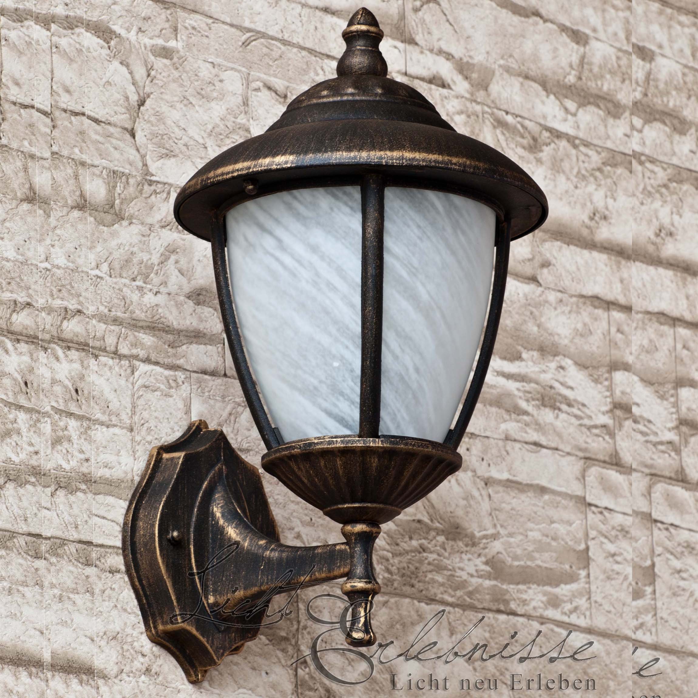 Licht-Erlebnisse Außen-Wandleuchte MADRID, ohne Leuchtmittel, AußenWandlampe Gold Antik Alabasterglas Aluguss Garten Hof Lampe