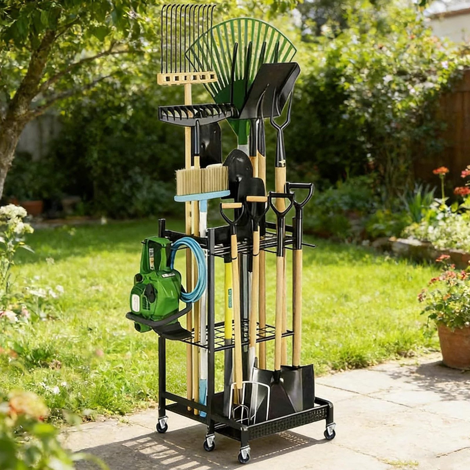 BlingBin Gartengerätehalter Gartengeräte Ständer mit Haken & Rädern, Gartenwerkzeug-Organizer, (1er Set, 1-tlg., Belastbarkeit maximal: 30KG, 49,71*42,9*77,9cm, Metall-Besenhalter für Garten, Garage, Schuppen & Outdoor, Schwarz)