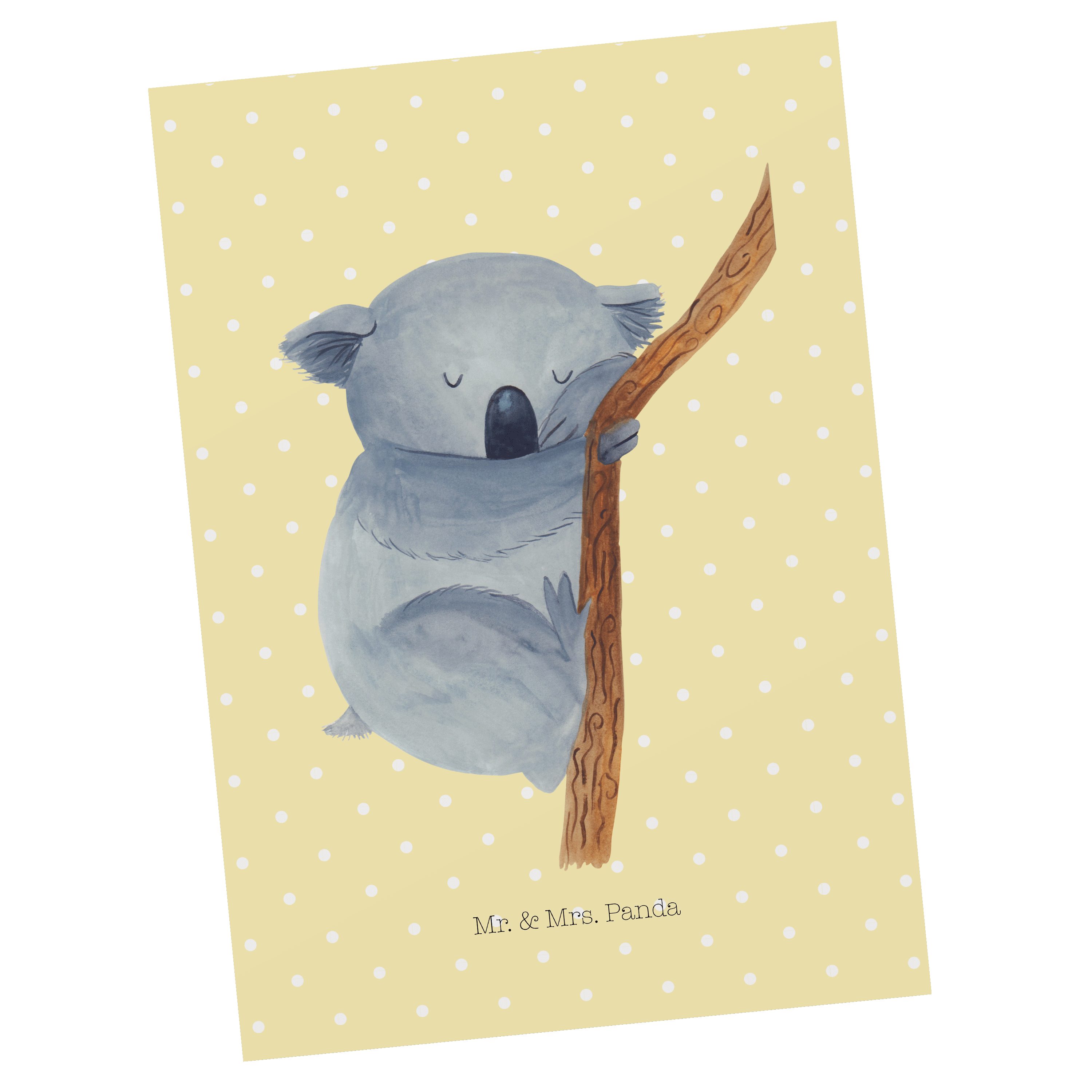 Mr. & Mrs. Panda Postkarte Koalabär - Gelb Pastell - Geschenk, Karte, schlafen, Traum, Ansichtsk