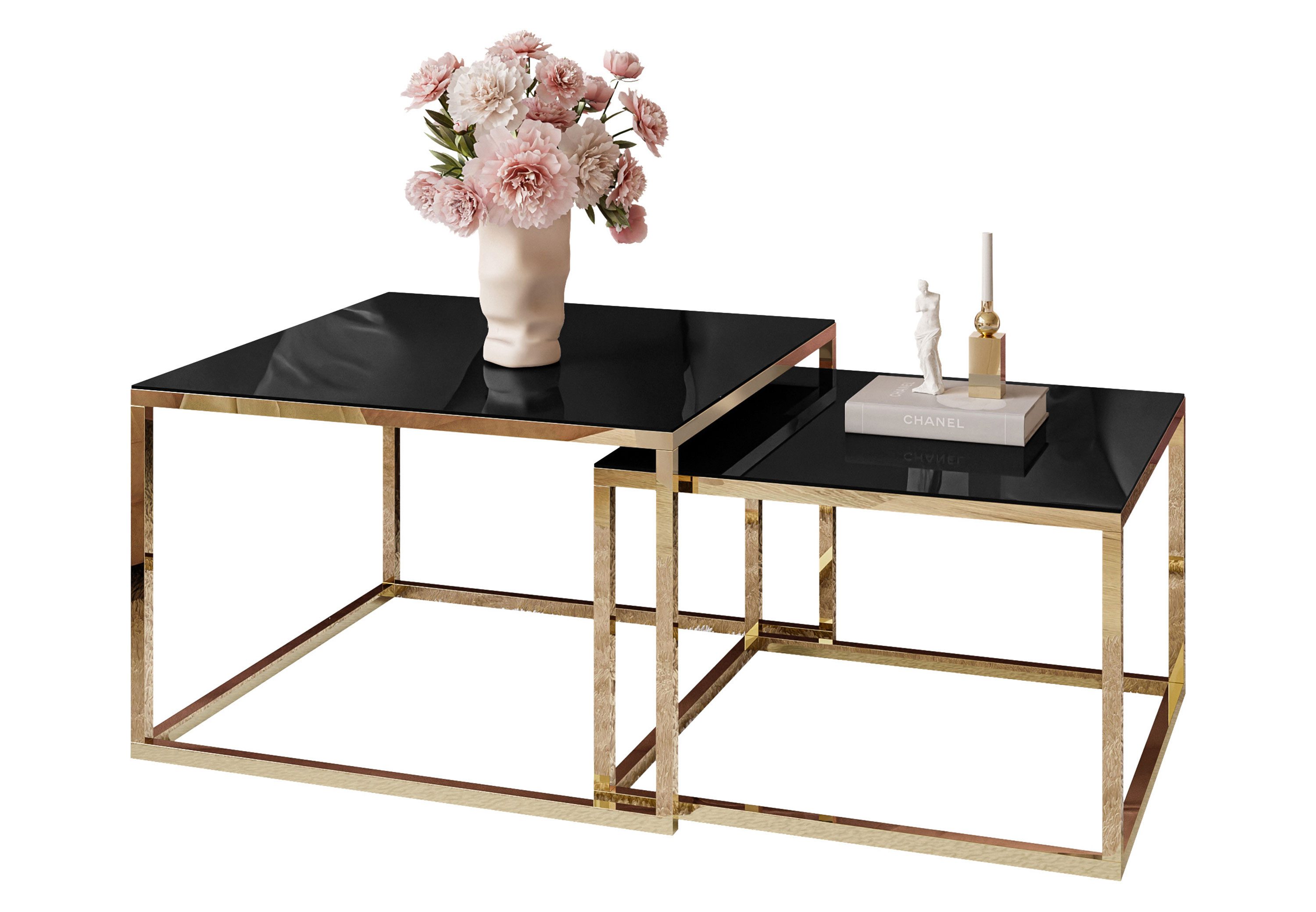 Lookway Couchtisch YOSHI GLASS 2in1 mit Goldenem Chromgestell (2er-Set), Breite: 70 cm und 60 cm