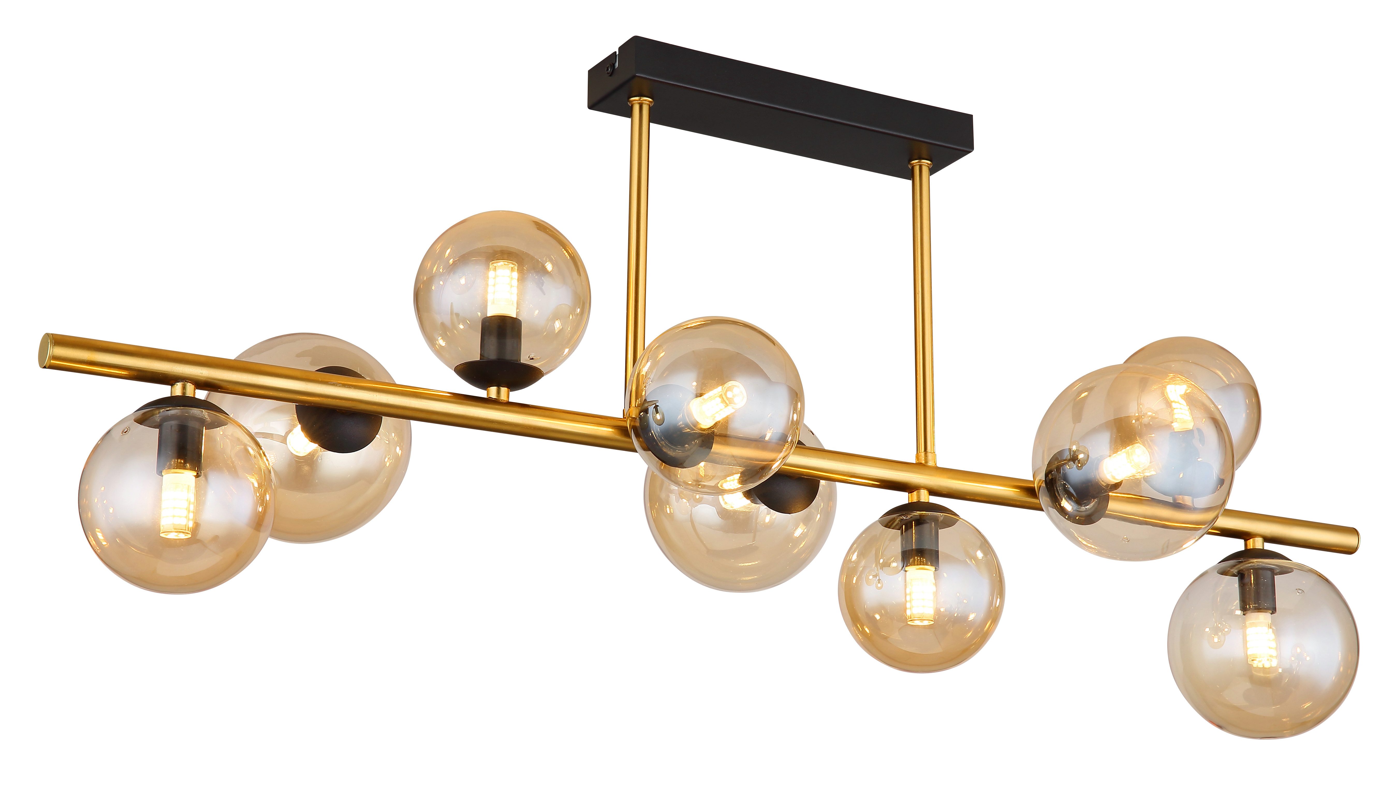 GLOBO LIGHTING Deckenleuchte RIHA, Leuchtmittel wechselbar, Warmweiß, Deckenleuchte Schwarz/Messing, Amberglas, 5 Gläser, LED G9