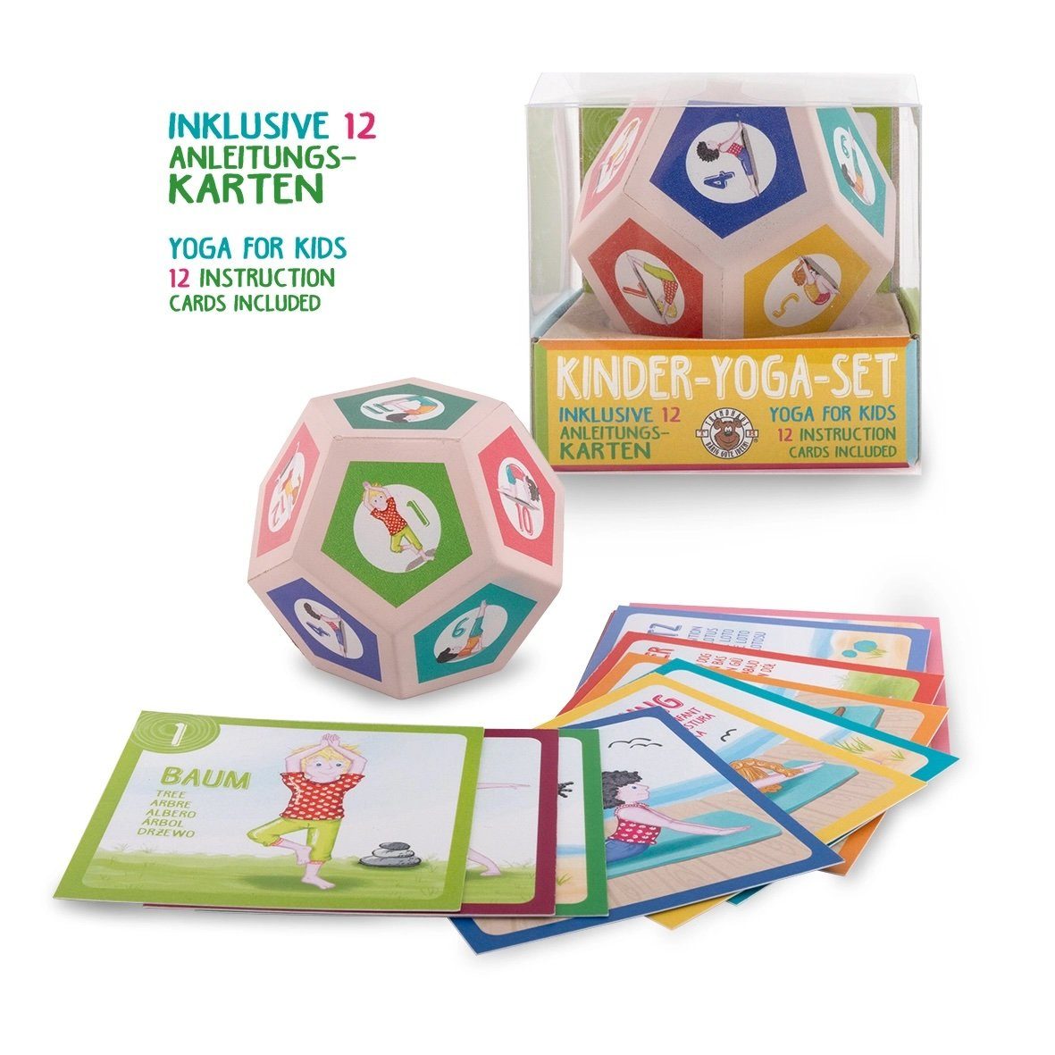 LK Trend & Style Yogablock Yoga-Würfel-Set für Kinder, (Set: 1 Würfel + 12 Anleitungskarten, 13-tlg., Sehr schönes Geschenk Bewegung zu erlernen), 12-seitige Knautsch-Würfel mit verschiedenen Yogapositionen