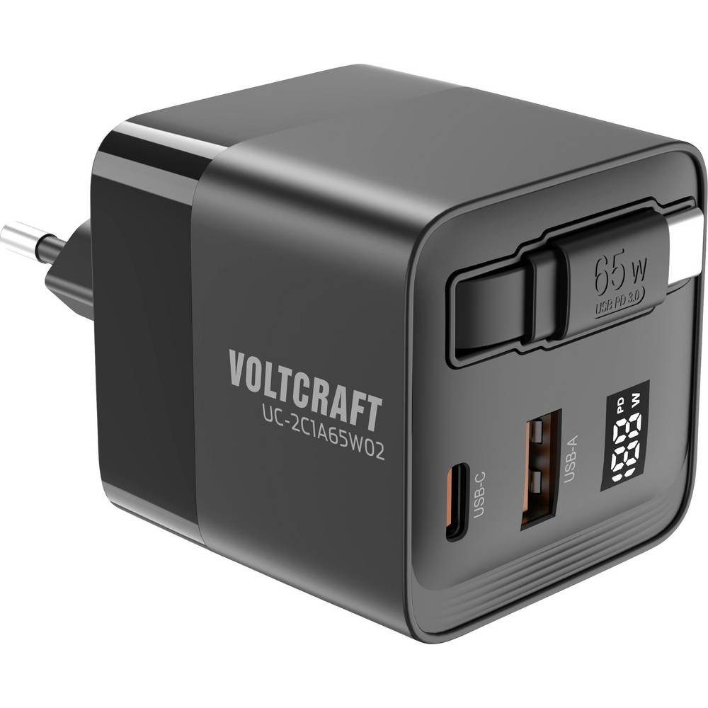 VOLTCRAFT USB-Steckerladegerät, 65 W, GaN mit Display VC-16619015 USB-Ladegerät (GaN, USB Power Delivery (USB-PD), Schnellladegerät)