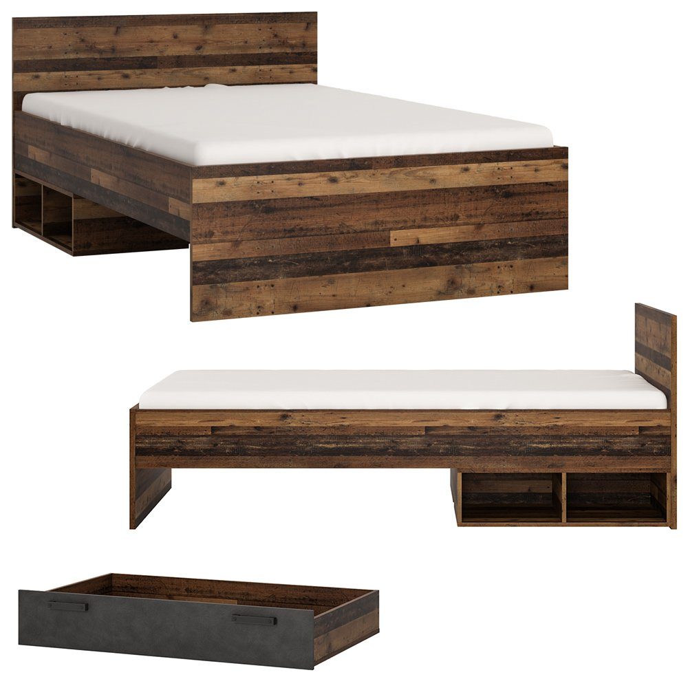 Regale, grau Holz NELSON-129, (Sparset, in 5-tlg), mit Schreibtisch, 120x200, Jugendzimmer-Set Lomadox Kleiderschrank, Bett