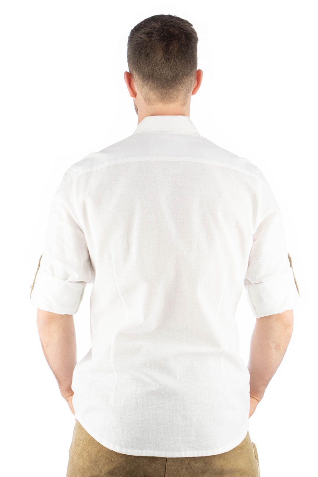 Phegin Knopfleiste Paspeltasche, auf Zierteile Langarmhemd Trachtenhemd der OS-Trachten weiß mit
