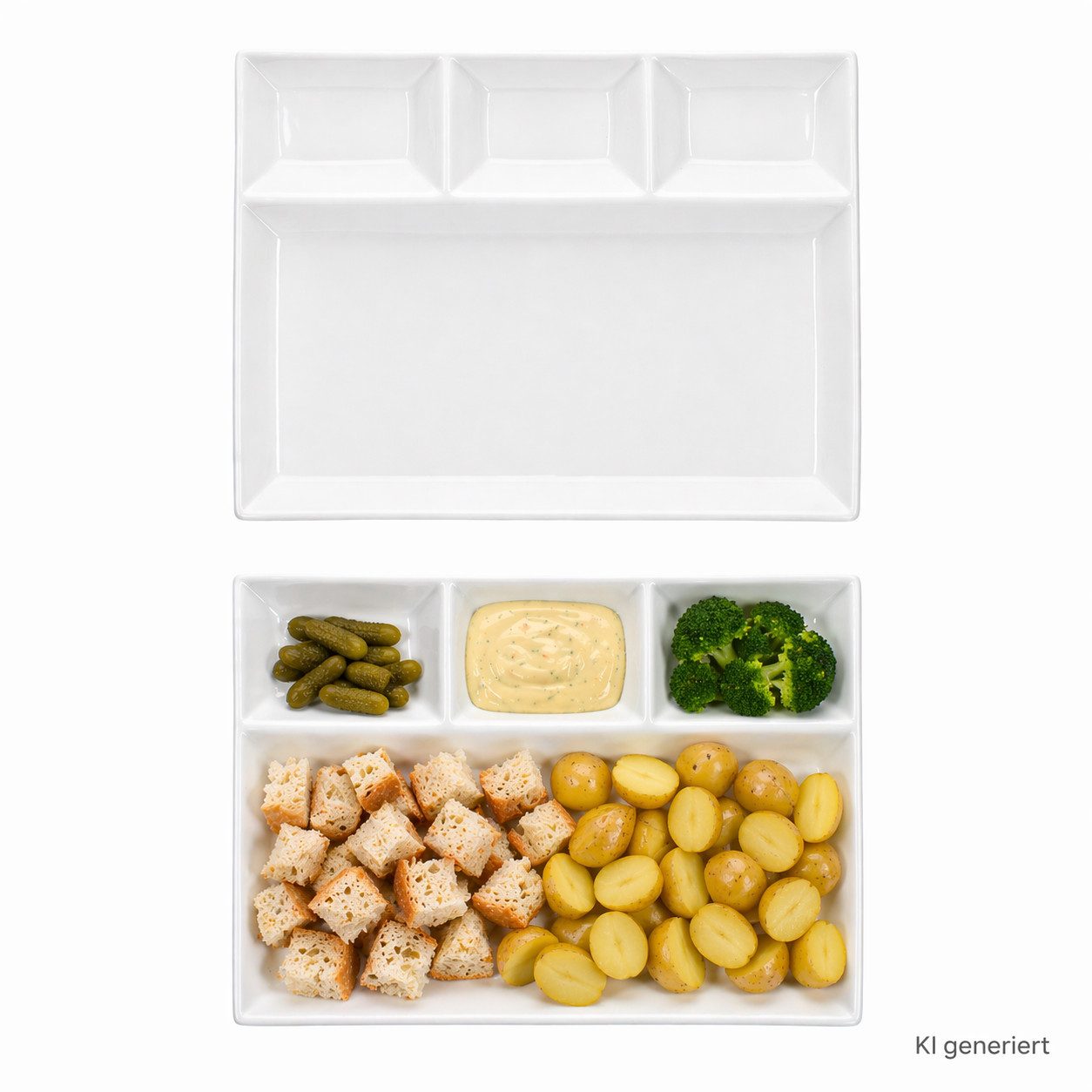 MamboCat Frühstücksteller 2er Set Fondueteller weiß 23x18 cm mit 4 Fächern Raclette Fondue Dip