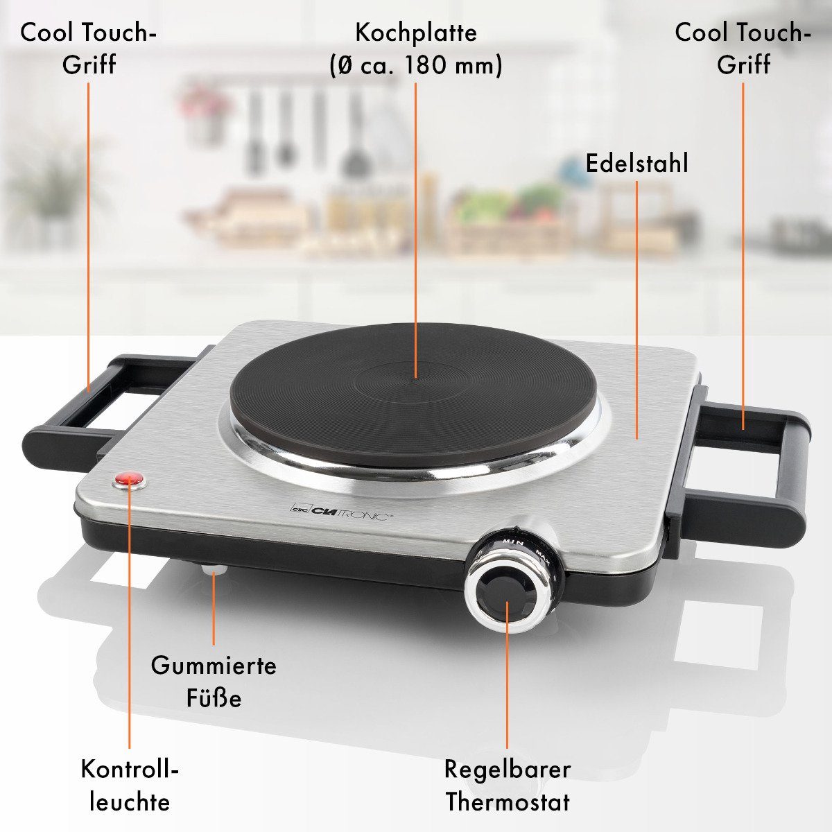 CLATRONIC Einzelkochplatte EKP 3788 1500 Camping, Kochplatte Büro Küche, E, Watt für