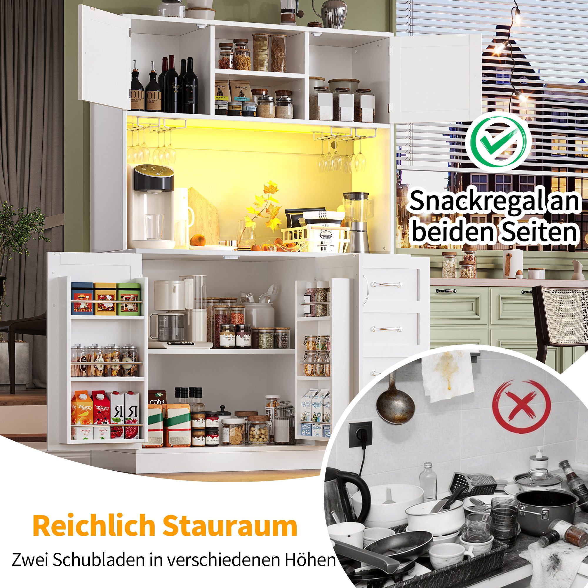 Odikalo Küchenbuffet Küchenschrank Buffetschrank mit LED & Schubladen (120x40x188cm, mit LED-Beleuchtung, Snackregal & Getränkehaltern, 4 Türen & 2 große Schubl – Bild 5 von 5